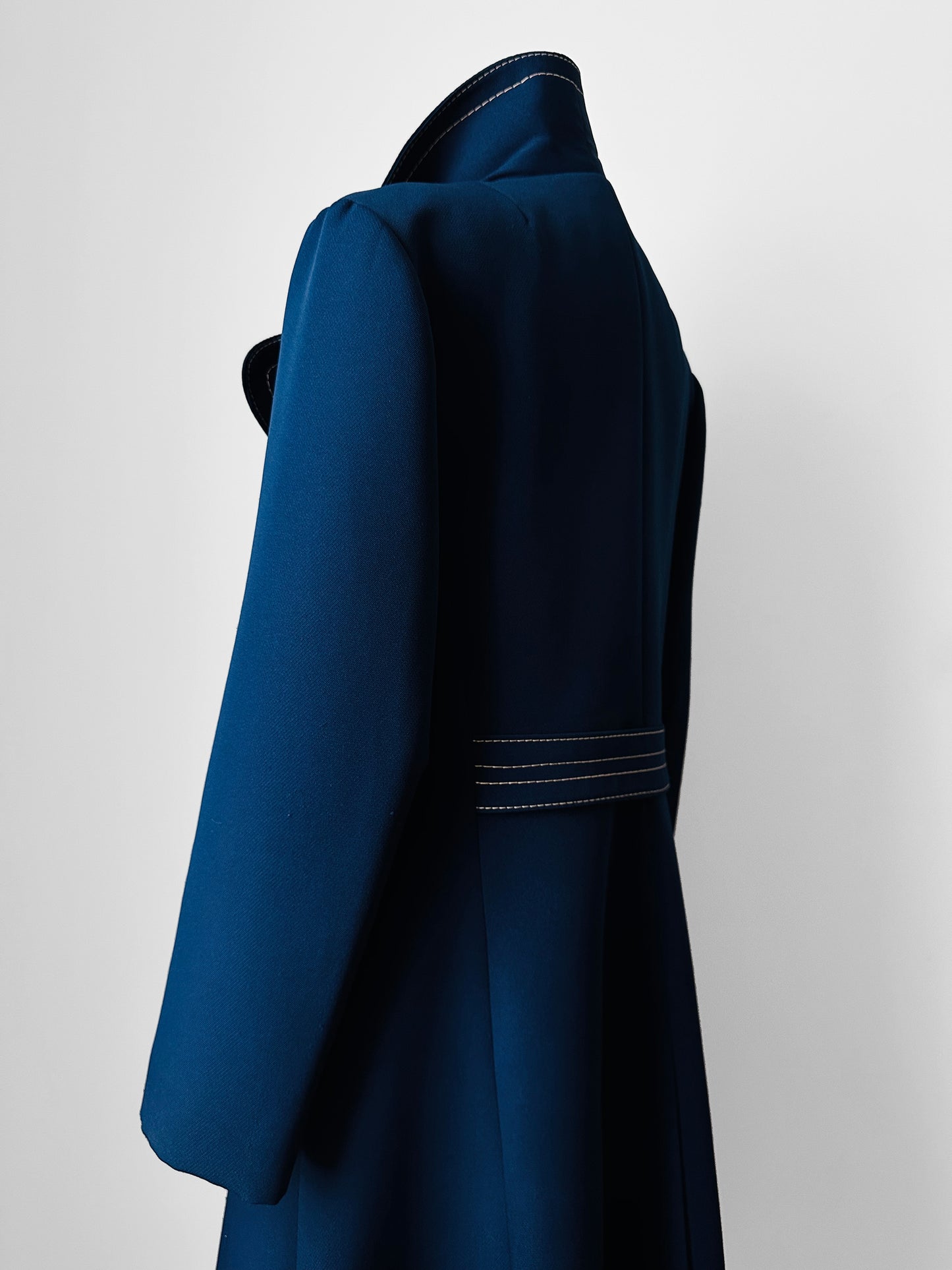 1960s - 1970s Blue Contrast Stitched Wide Lapel Midi-Length Coat