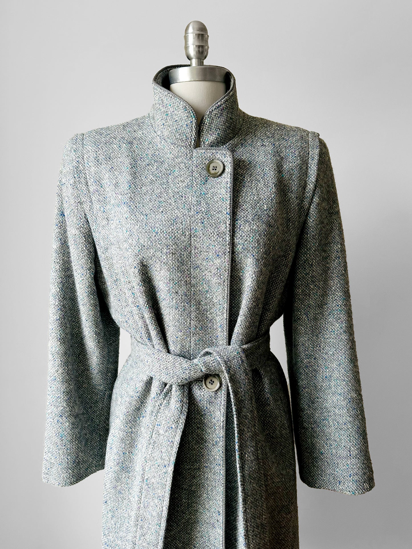 1970s - 1980s Slate Grey Mandarin Collar Wool Tweed Belted Coat - Sz. Sm