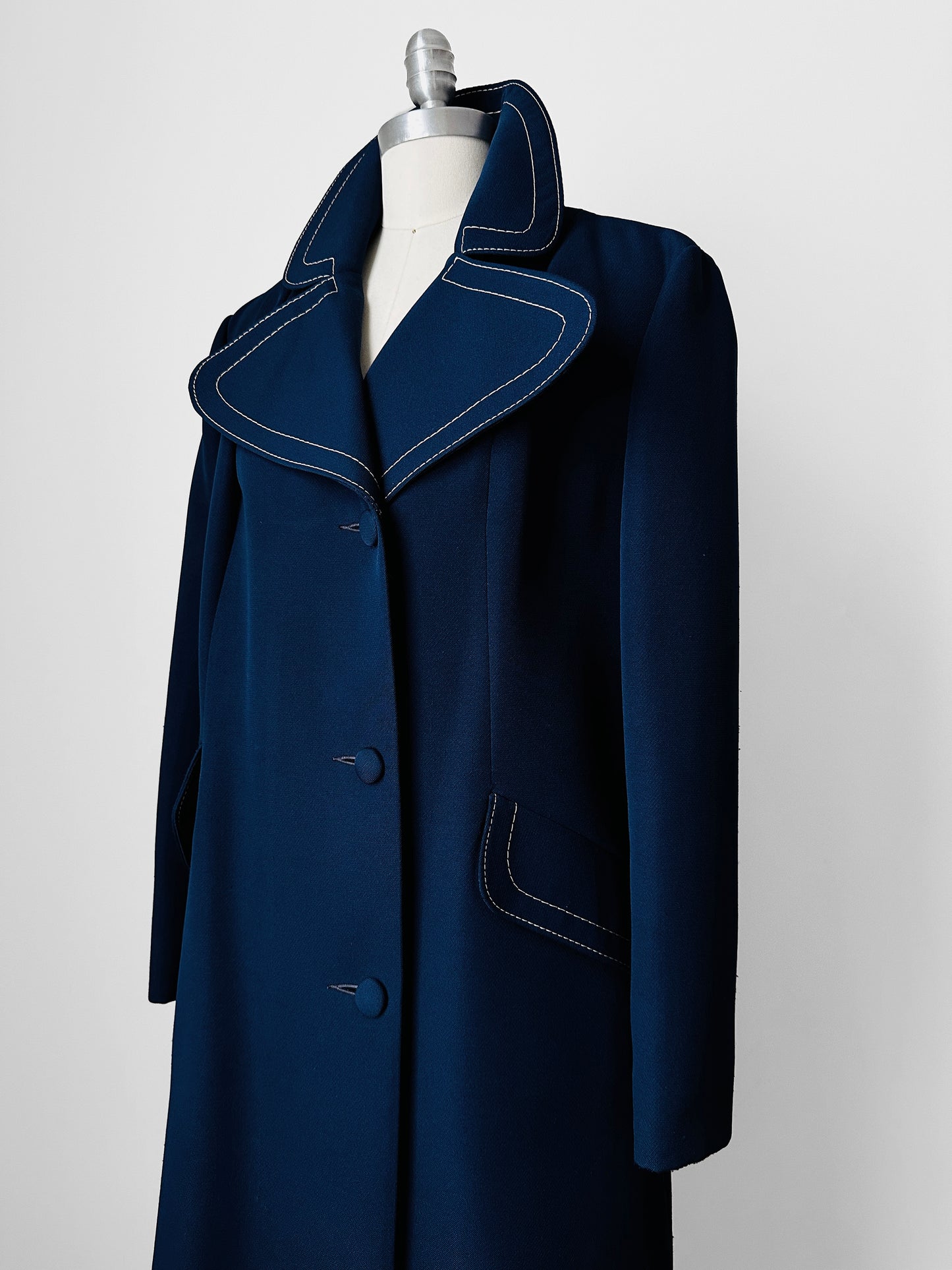 1960s - 1970s Blue Contrast Stitched Wide Lapel Midi-Length Coat