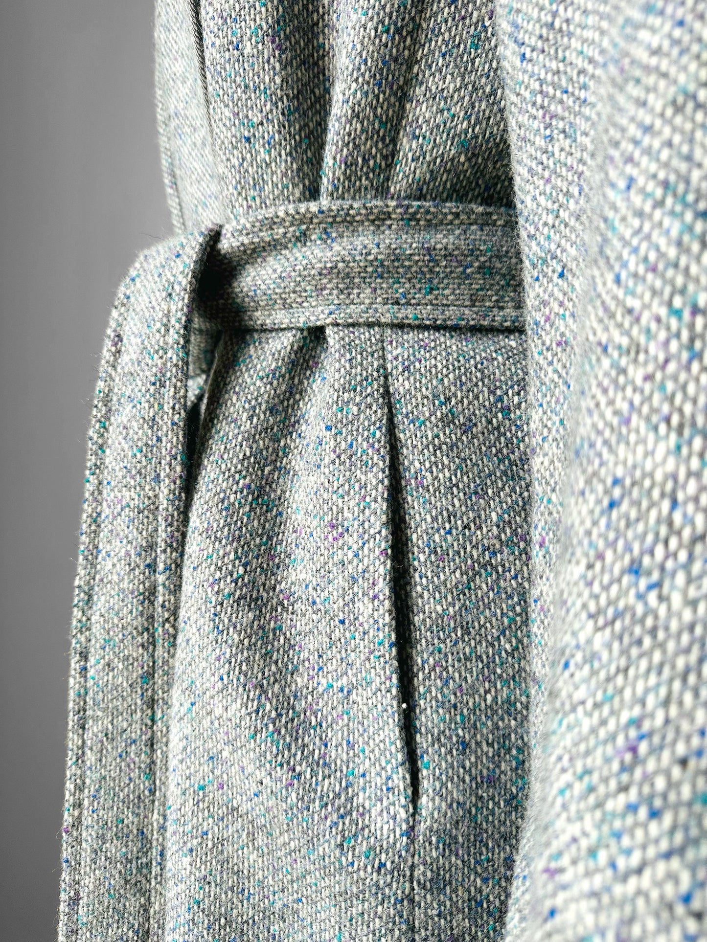 1970s - 1980s Slate Grey Mandarin Collar Wool Tweed Belted Coat - Sz. Sm