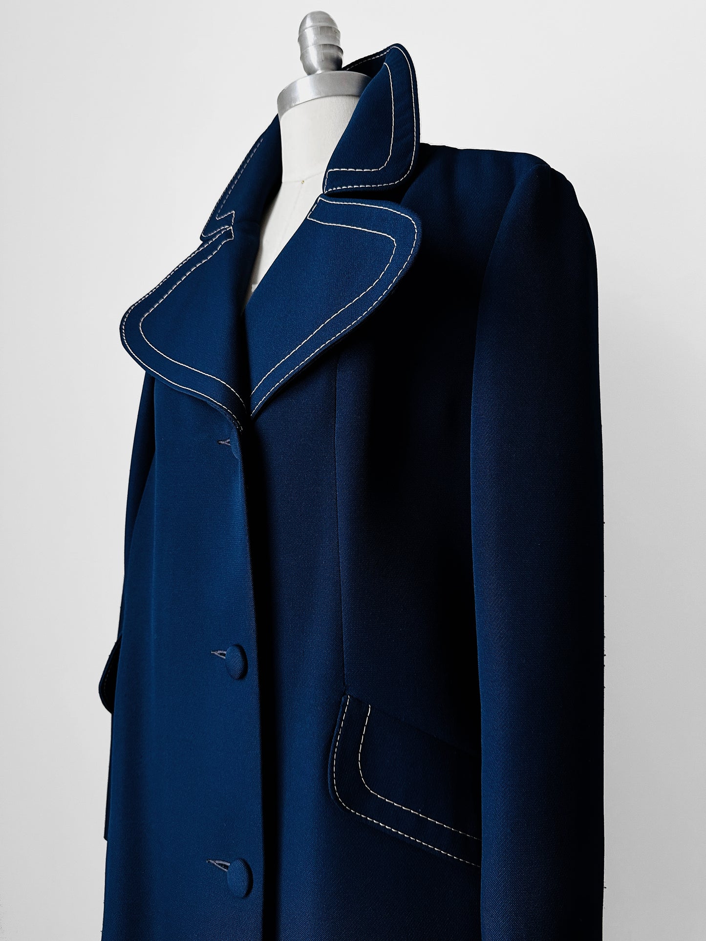 1960s - 1970s Blue Contrast Stitched Wide Lapel Midi-Length Coat