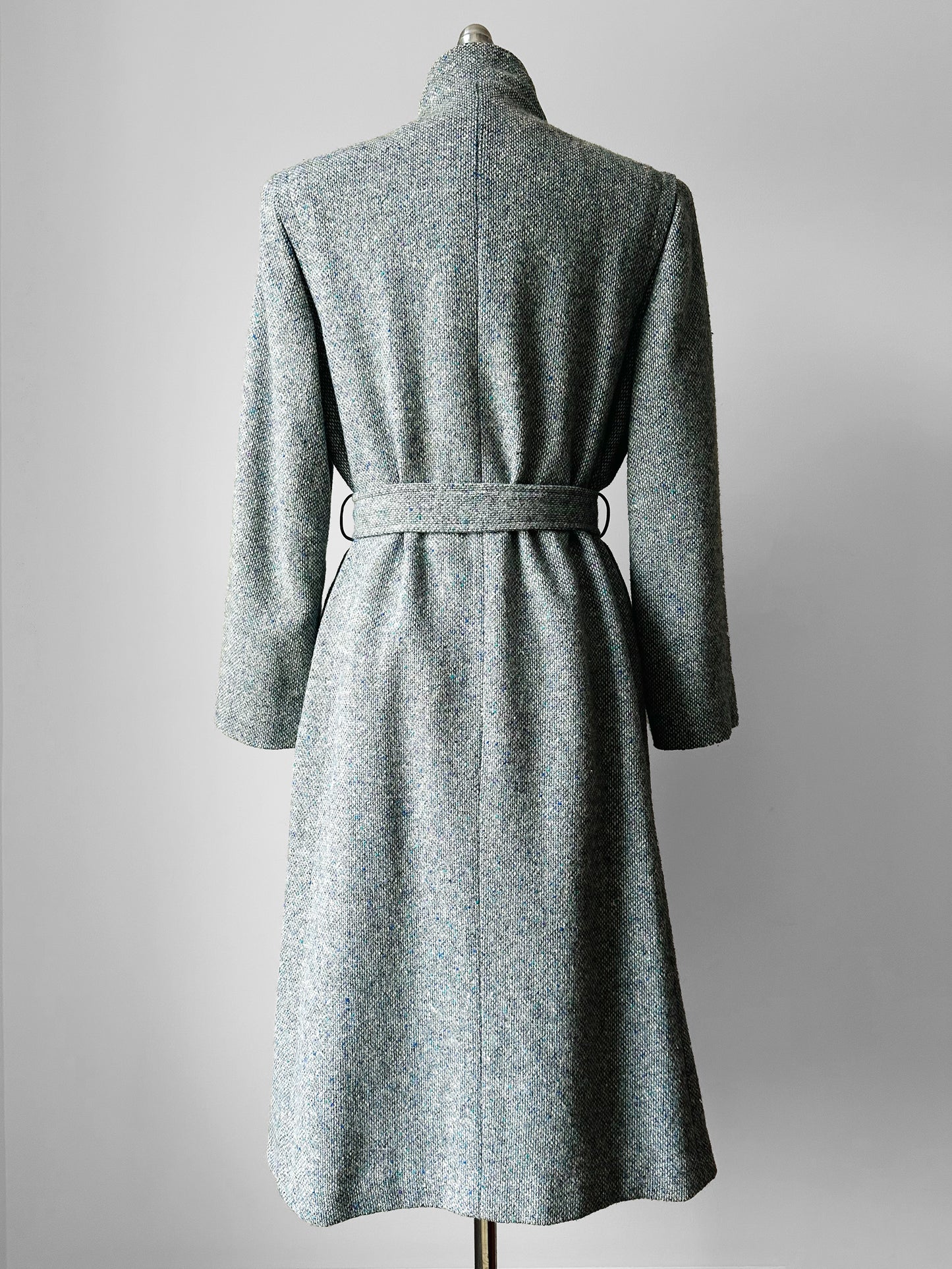 1970s - 1980s Slate Grey Mandarin Collar Wool Tweed Belted Coat - Sz. Sm