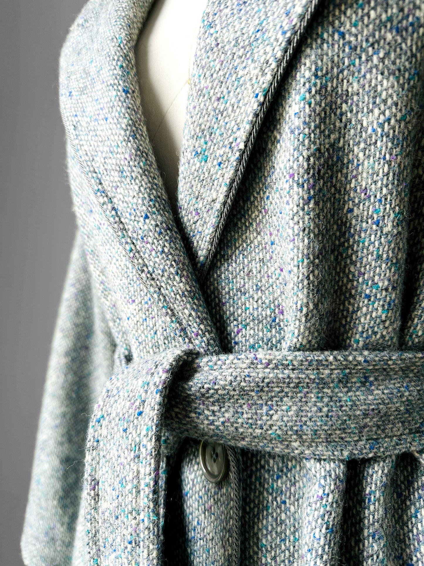 1970s - 1980s Slate Grey Mandarin Collar Wool Tweed Belted Coat - Sz. Sm