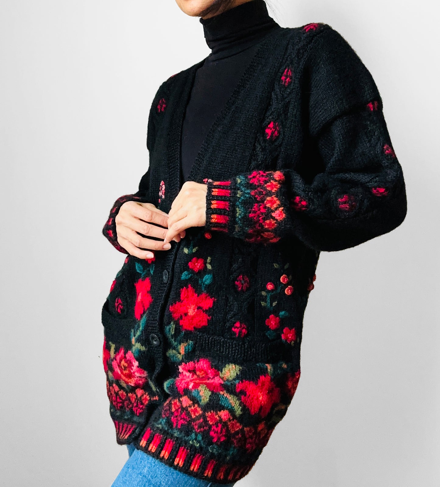 Black Wool Floral Embroidered Long Knit Cardigan Sweater - S/M