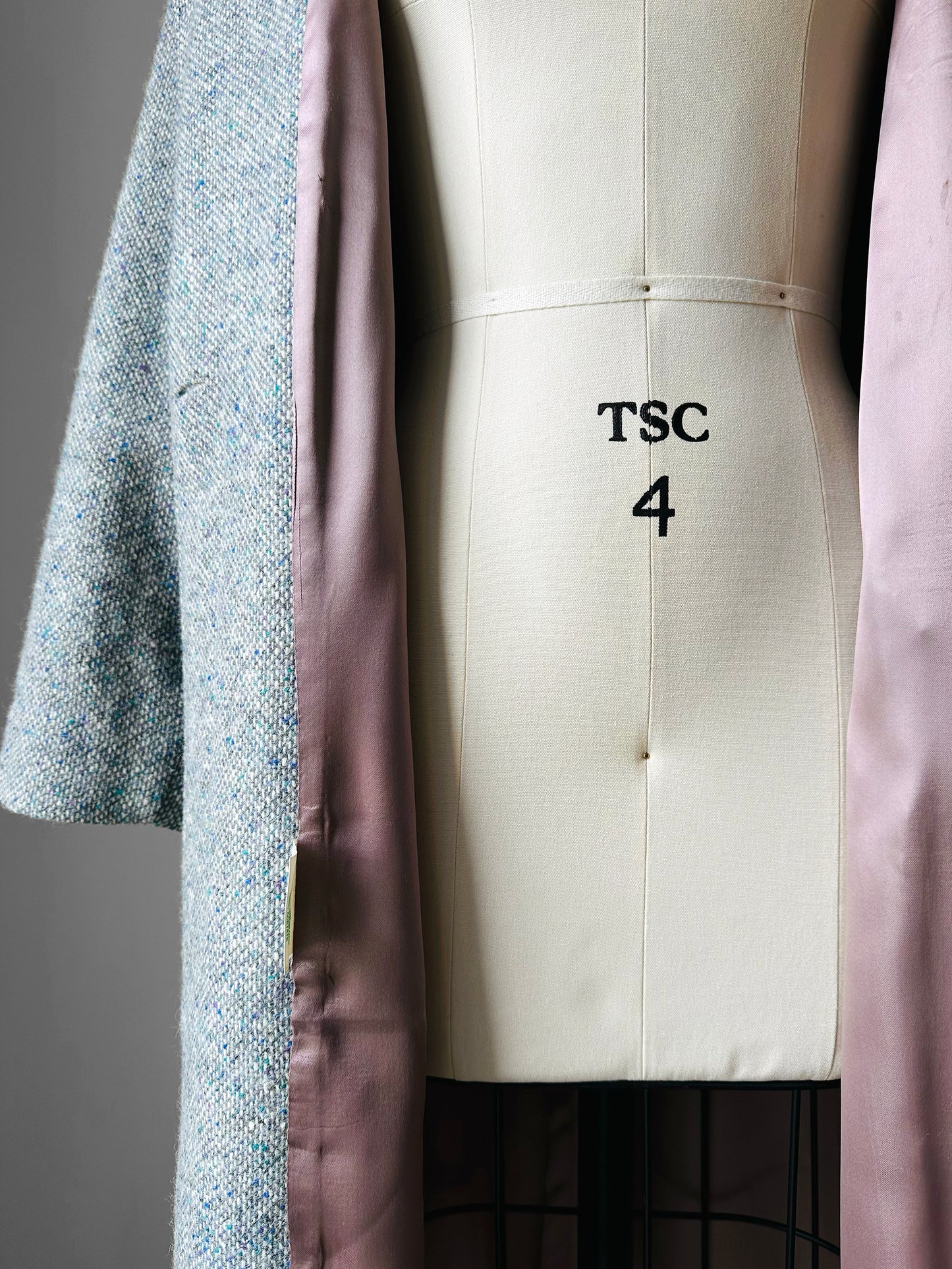 1970s - 1980s Slate Grey Mandarin Collar Wool Tweed Belted Coat - Sz. Sm