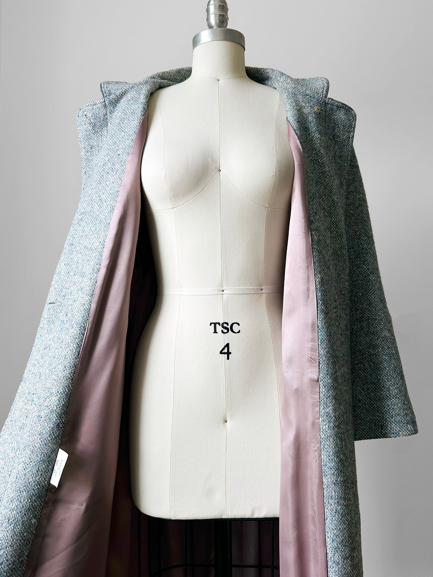 1970s - 1980s Slate Grey Mandarin Collar Wool Tweed Belted Coat - Sz. Sm