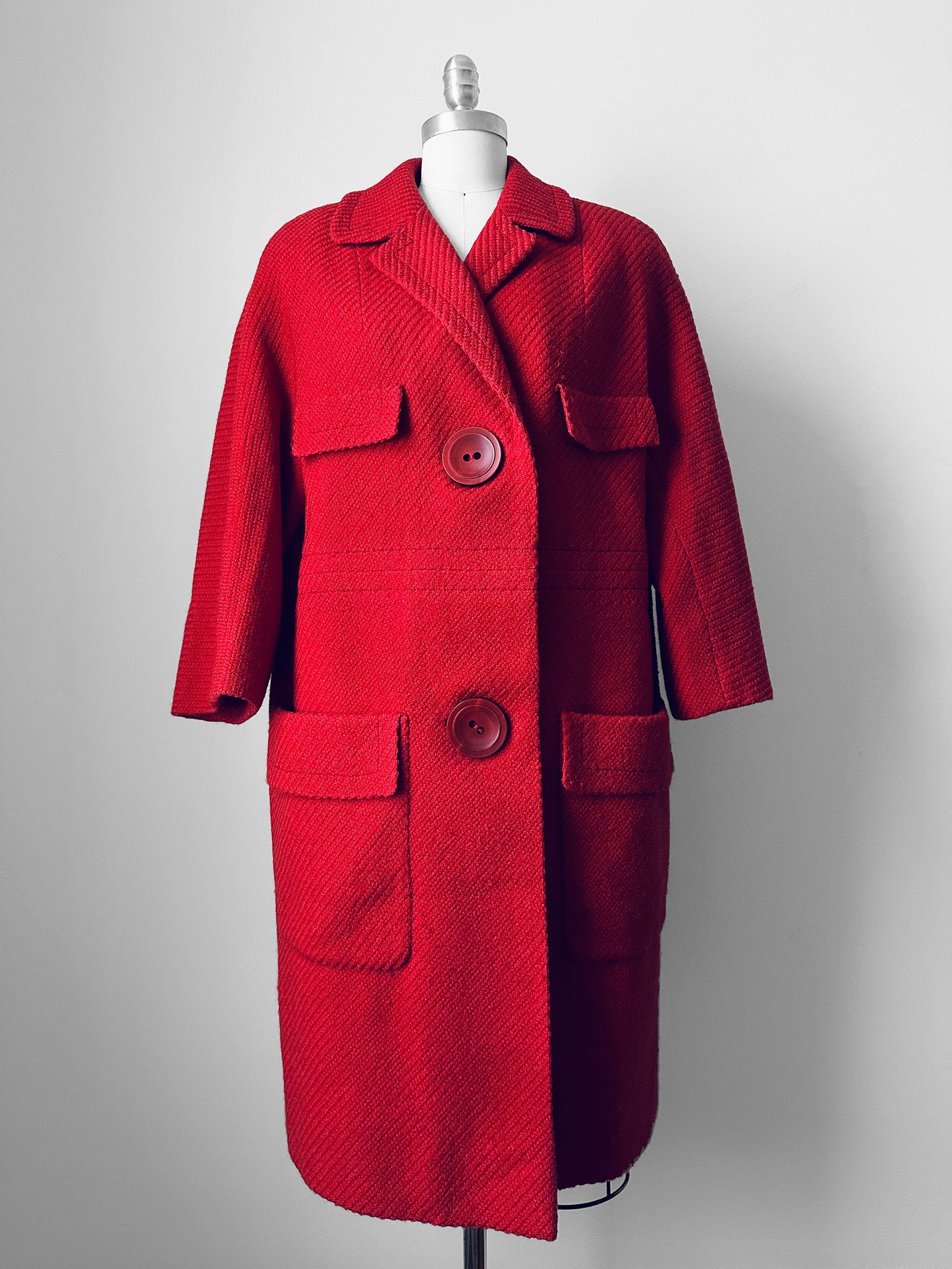 1960s Coral Red Wool Blend Large Button Shift Coat