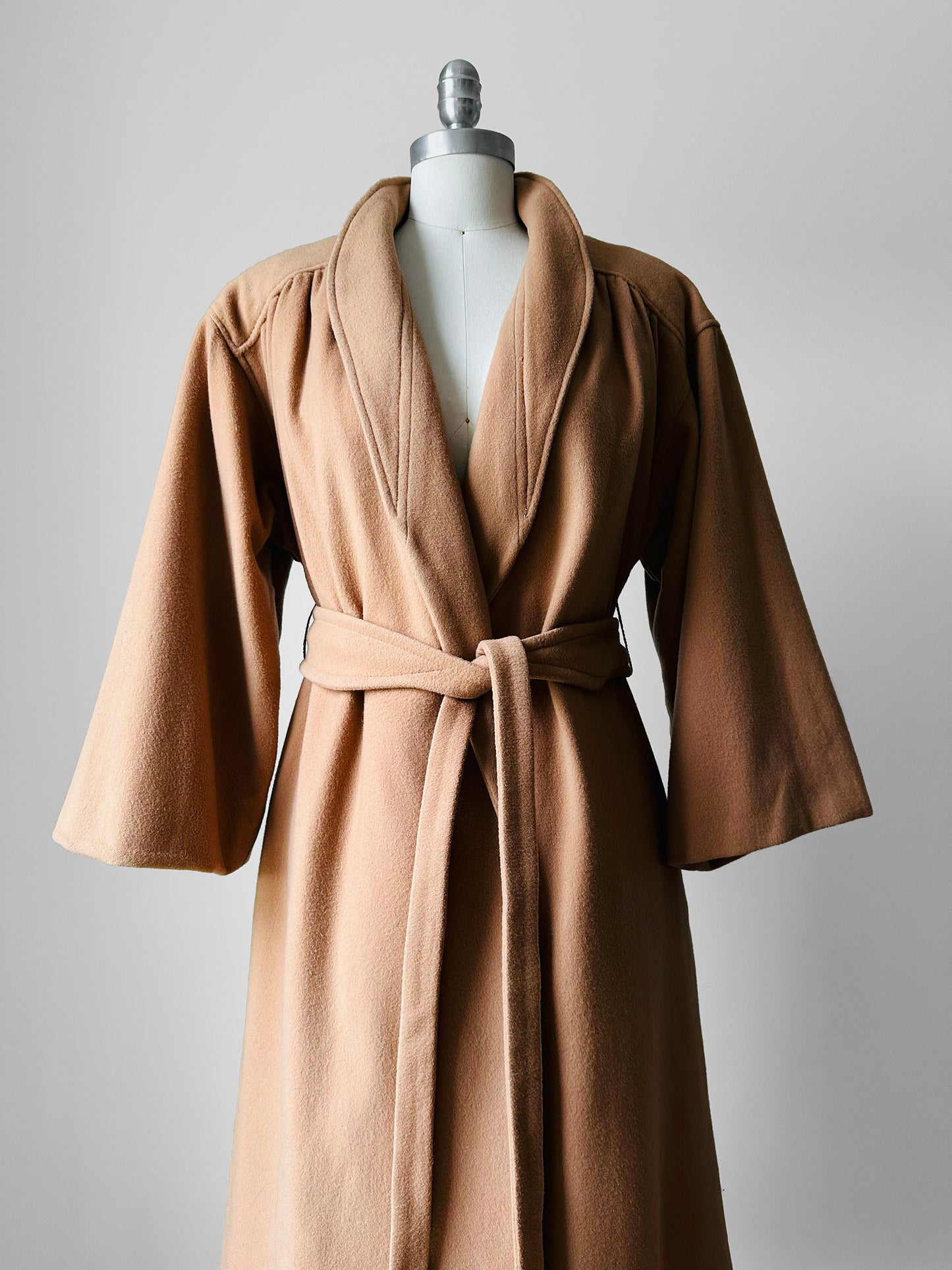 1960s Camel Toned Wool Robe-Style Belted Coat  - Sz. Small
