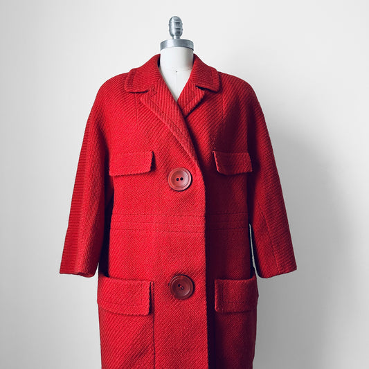 1960s Coral Red Wool Blend Large Button Shift Coat