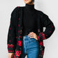 Black Wool Floral Embroidered Long Knit Cardigan Sweater - S/M