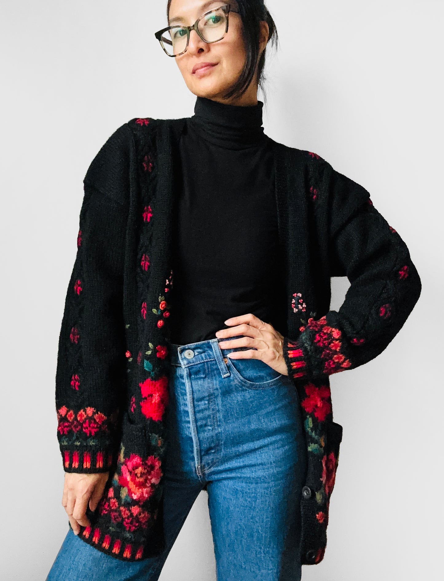 Black Wool Floral Embroidered Long Knit Cardigan Sweater - S/M