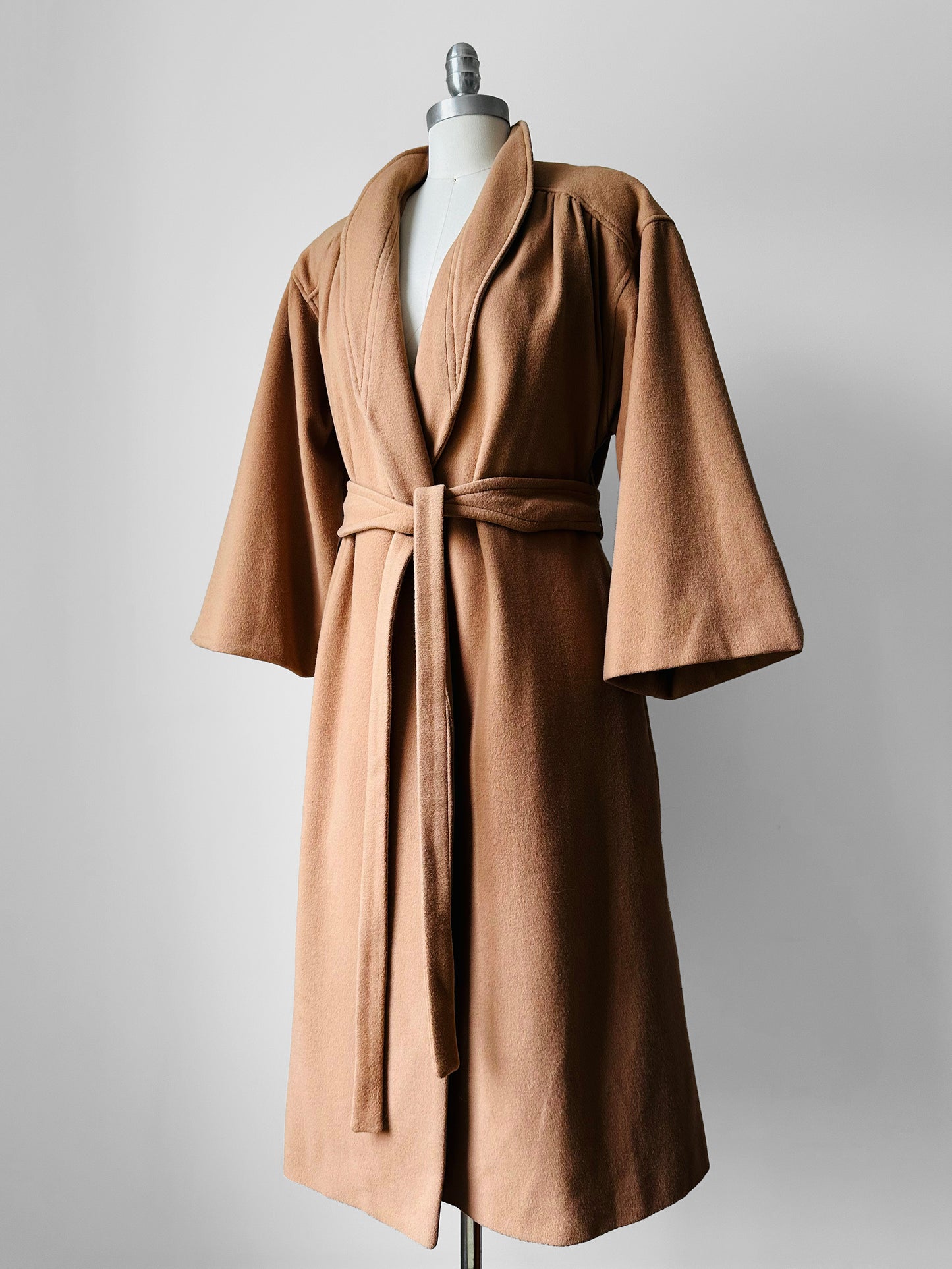 1960s Camel Toned Wool Robe-Style Belted Coat  - Sz. Small