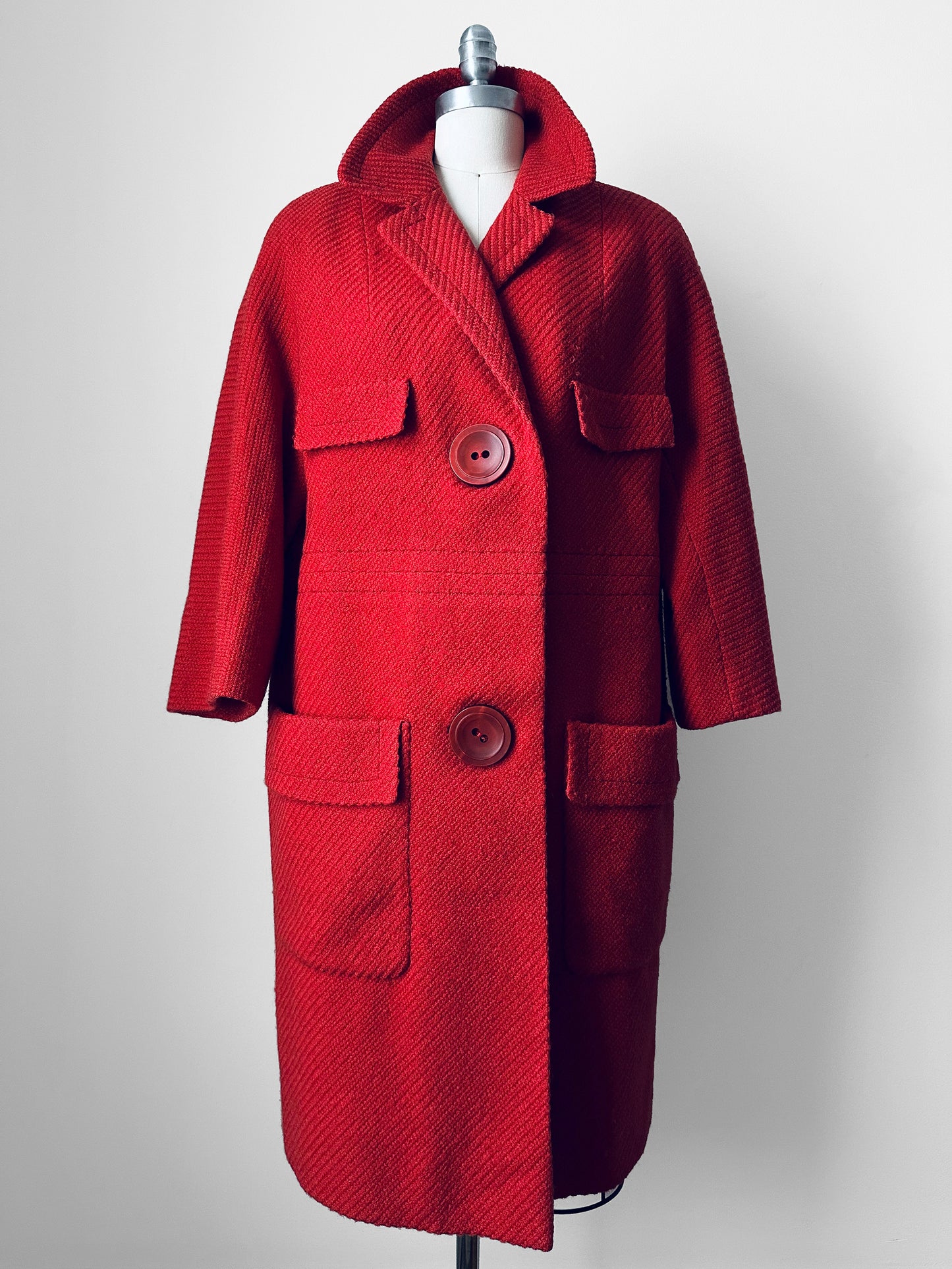 1960s Coral Red Wool Blend Large Button Shift Coat