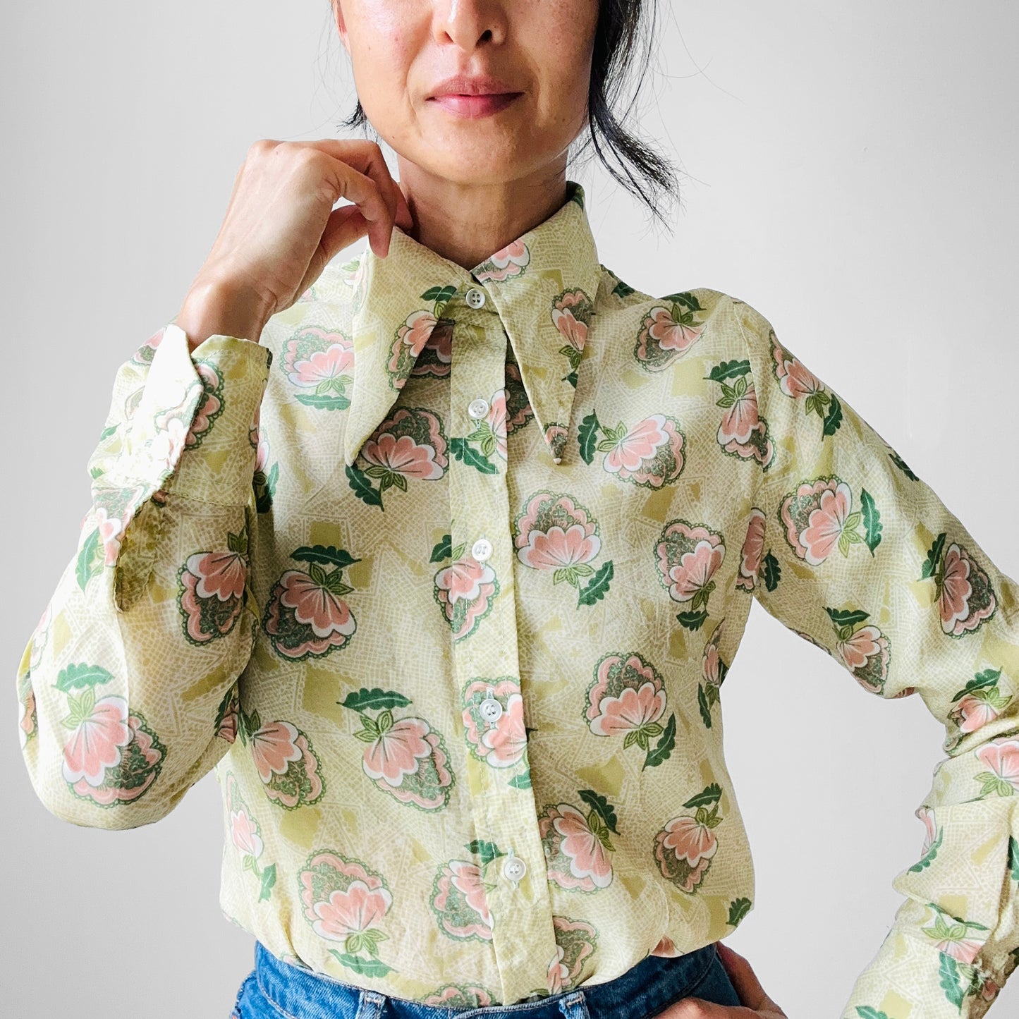 1970s Wide Lapel Floral Button Front Shirt  - Sz. XS/S