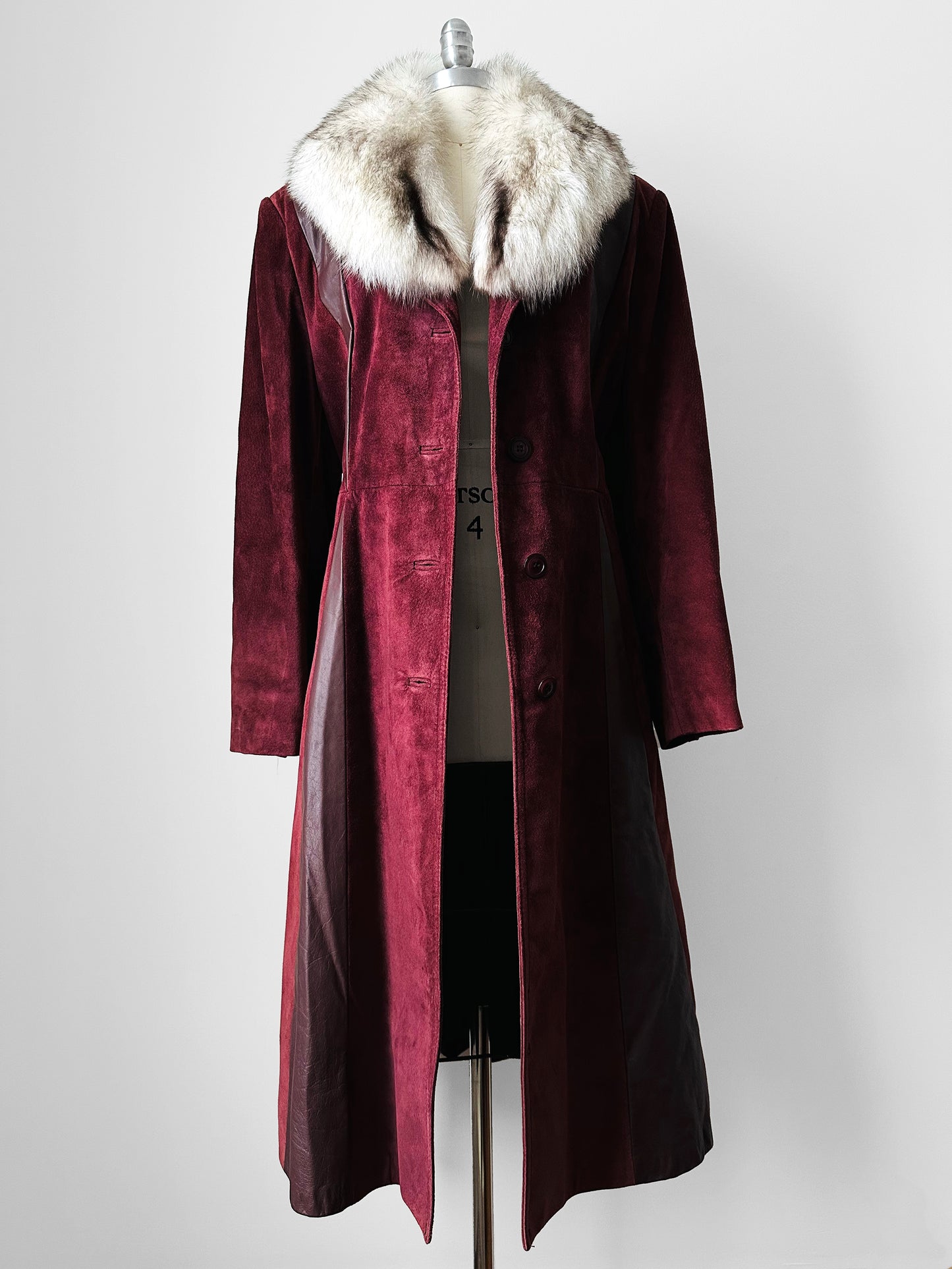 1970s Burgundy Suede Leather Fur Collared Belted Midi-Length Coat