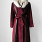 1970s Burgundy Suede Leather Fur Collared Belted Midi-Length Coat