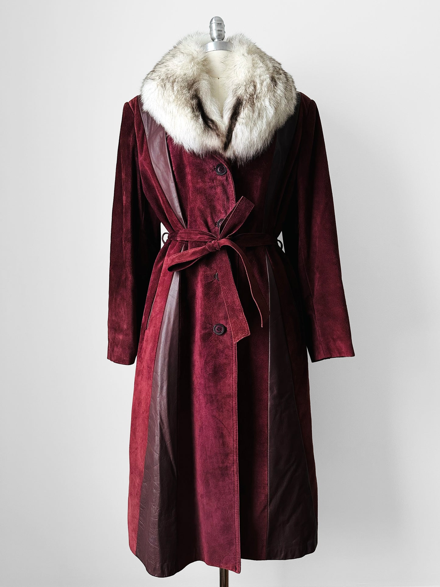 1970s Burgundy Suede Leather Fur Collared Belted Midi-Length Coat