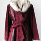 1970s Burgundy Suede Leather Fur Collared Belted Midi-Length Coat