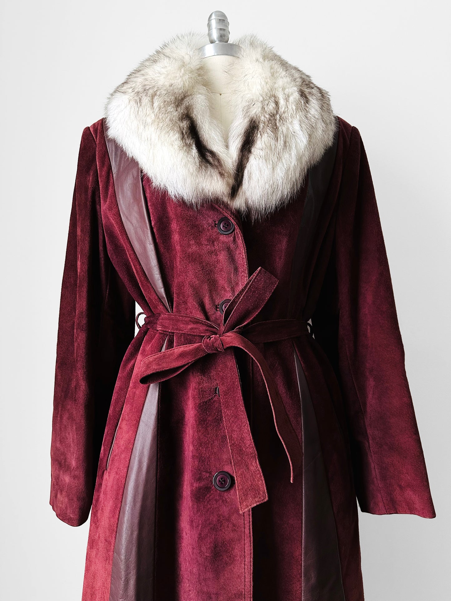 1970s Burgundy Suede Leather Fur Collared Belted Midi-Length Coat