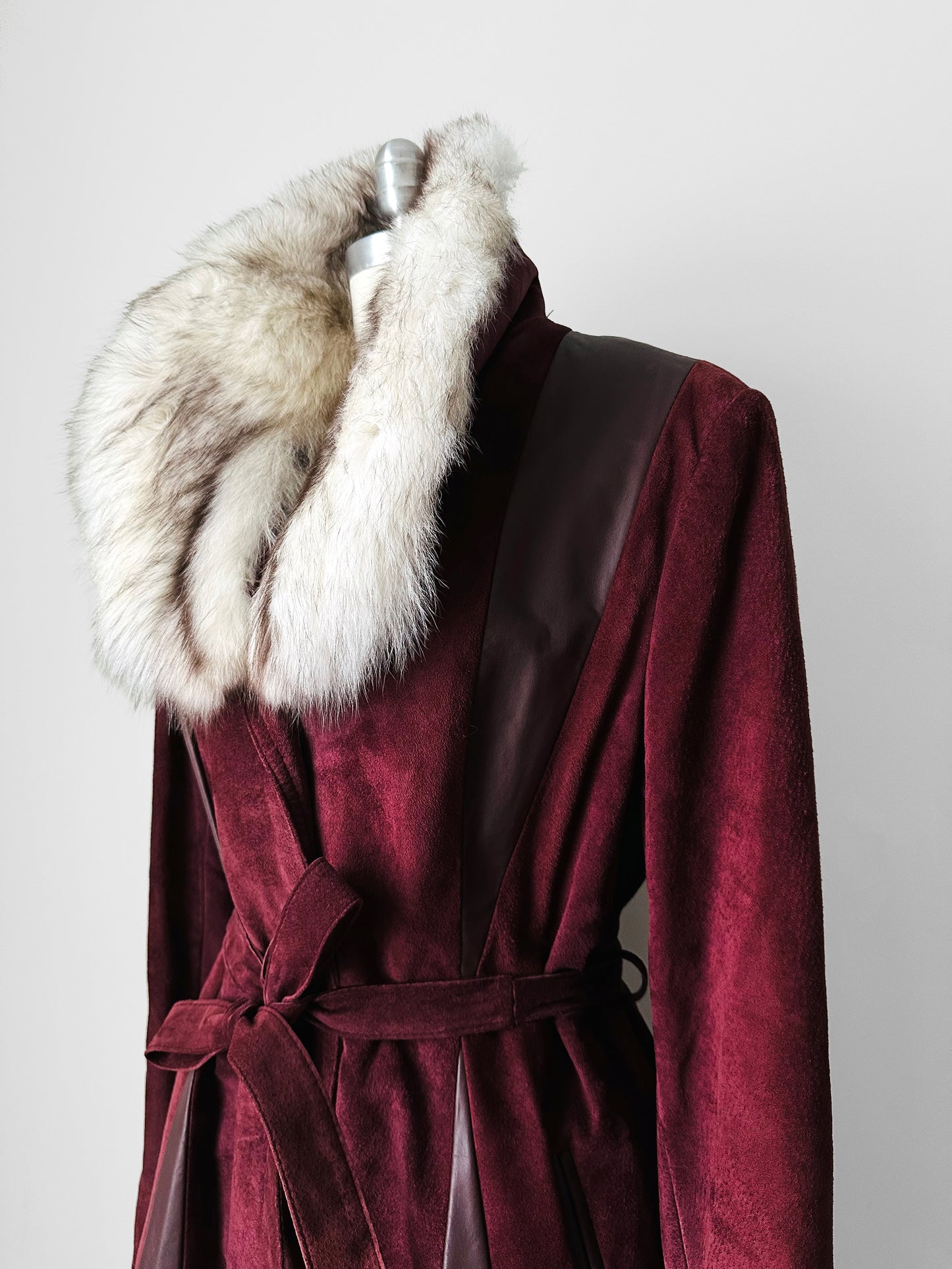 1970s Burgundy Suede Leather Fur Collared Belted Midi-Length Coat