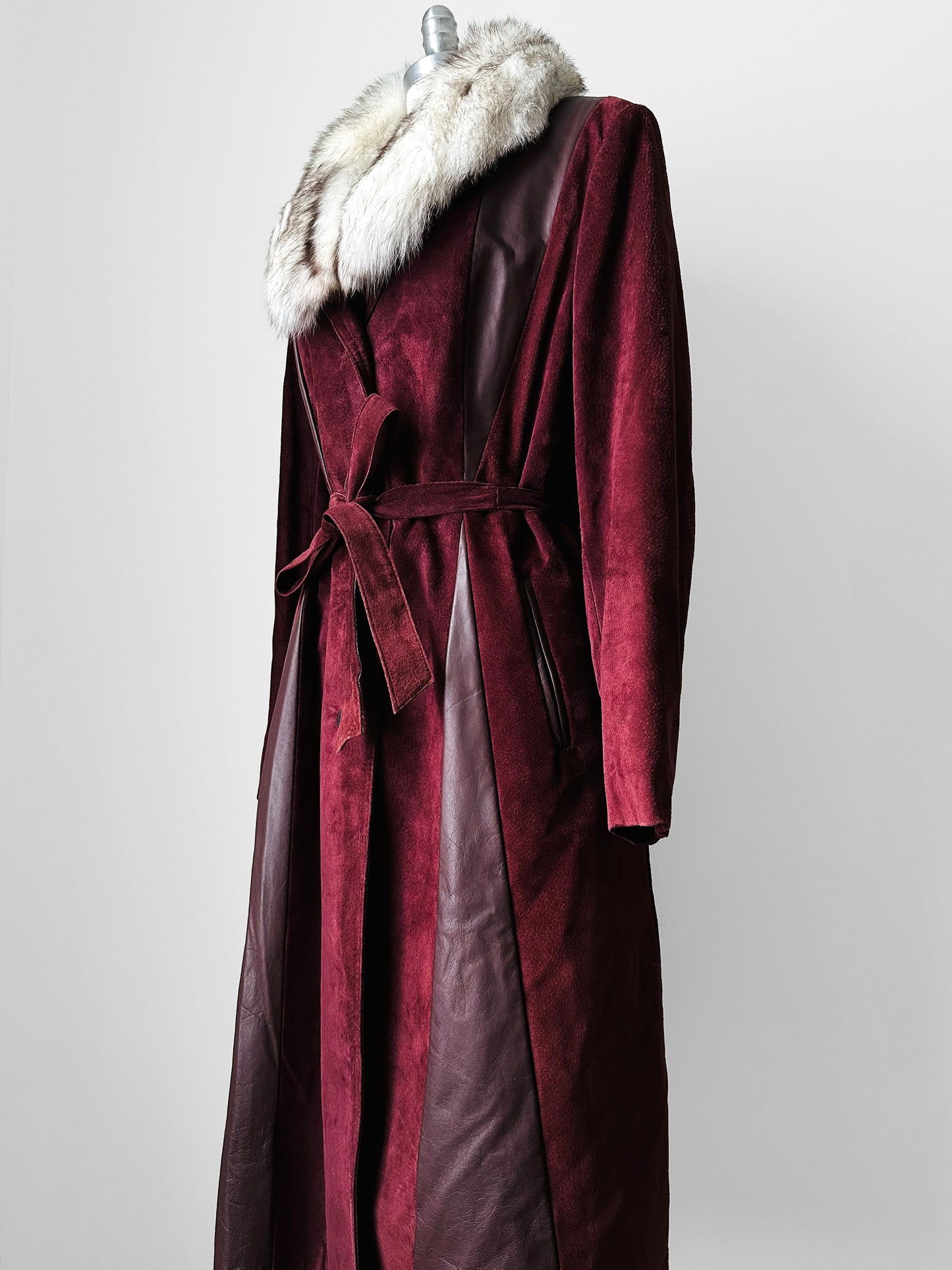 1970s Burgundy Suede Leather Fur Collared Belted Midi-Length Coat