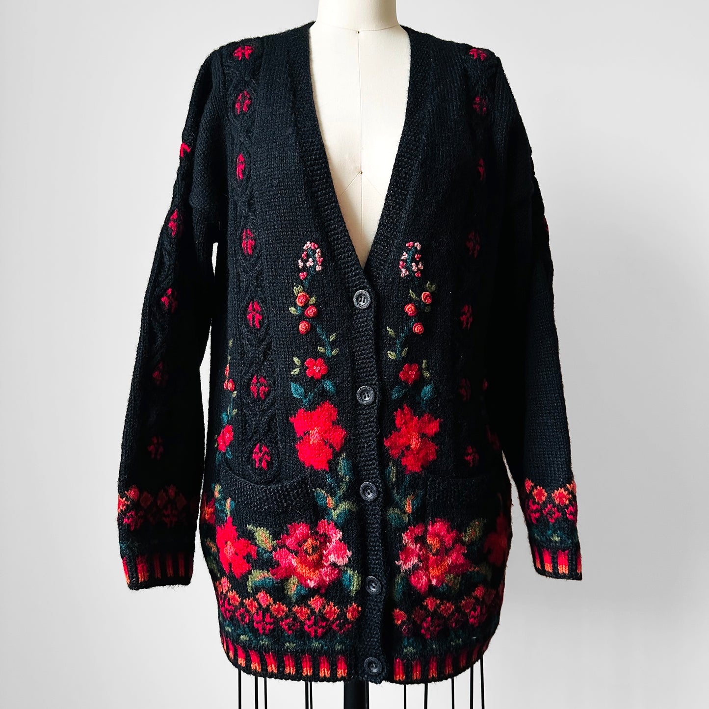 Black Wool Floral Embroidered Long Knit Cardigan Sweater - S/M