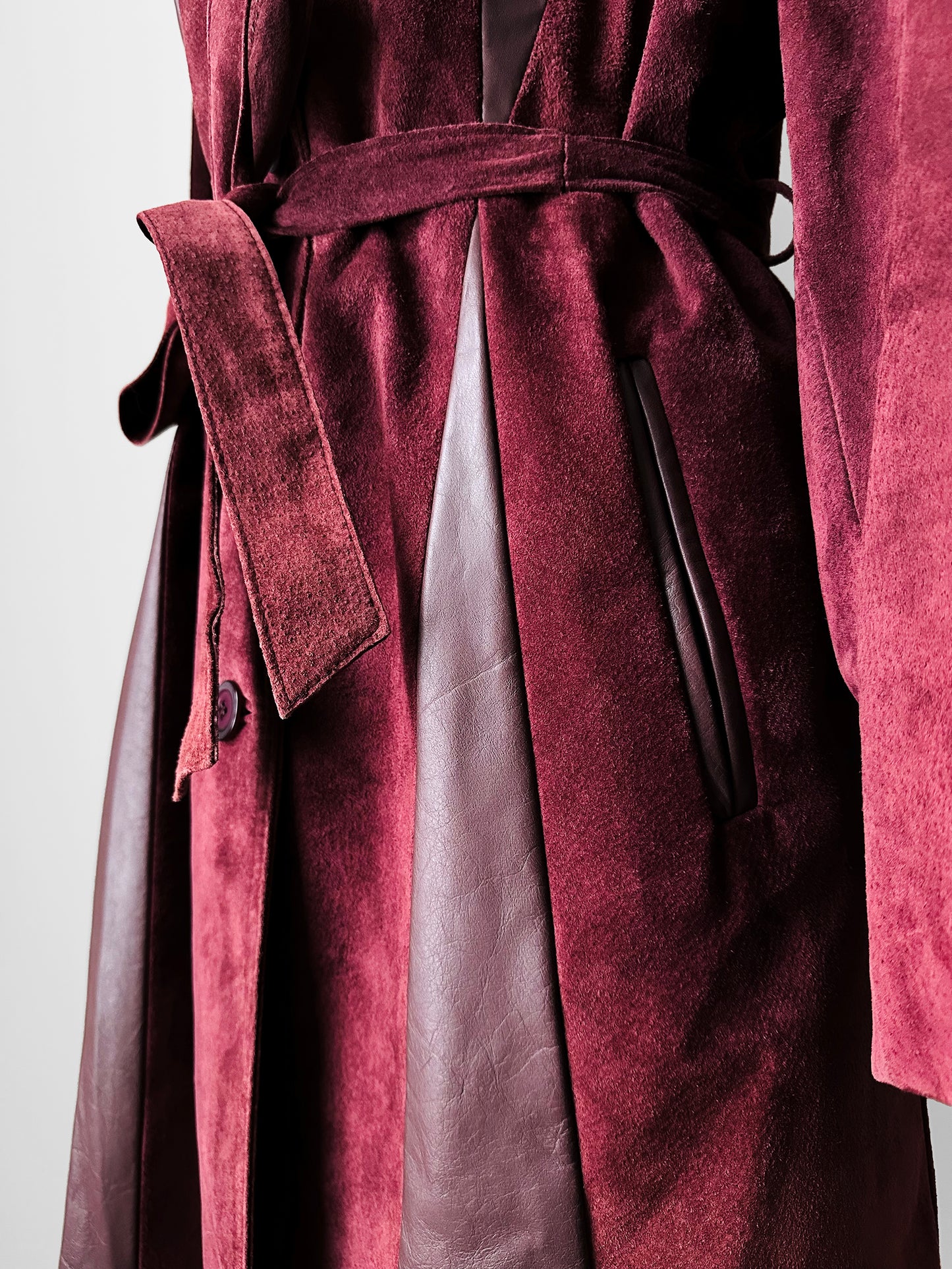 1970s Burgundy Suede Leather Fur Collared Belted Midi-Length Coat