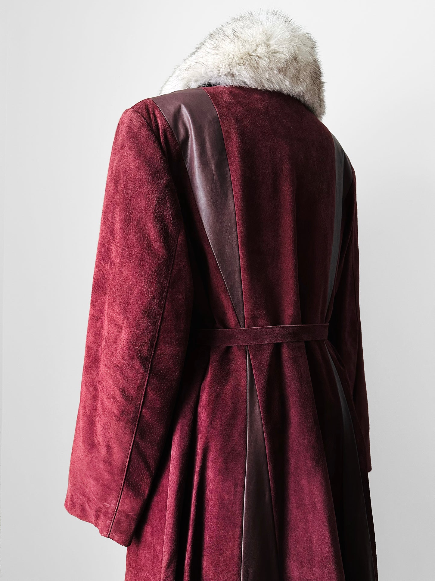 1970s Burgundy Suede Leather Fur Collared Belted Midi-Length Coat