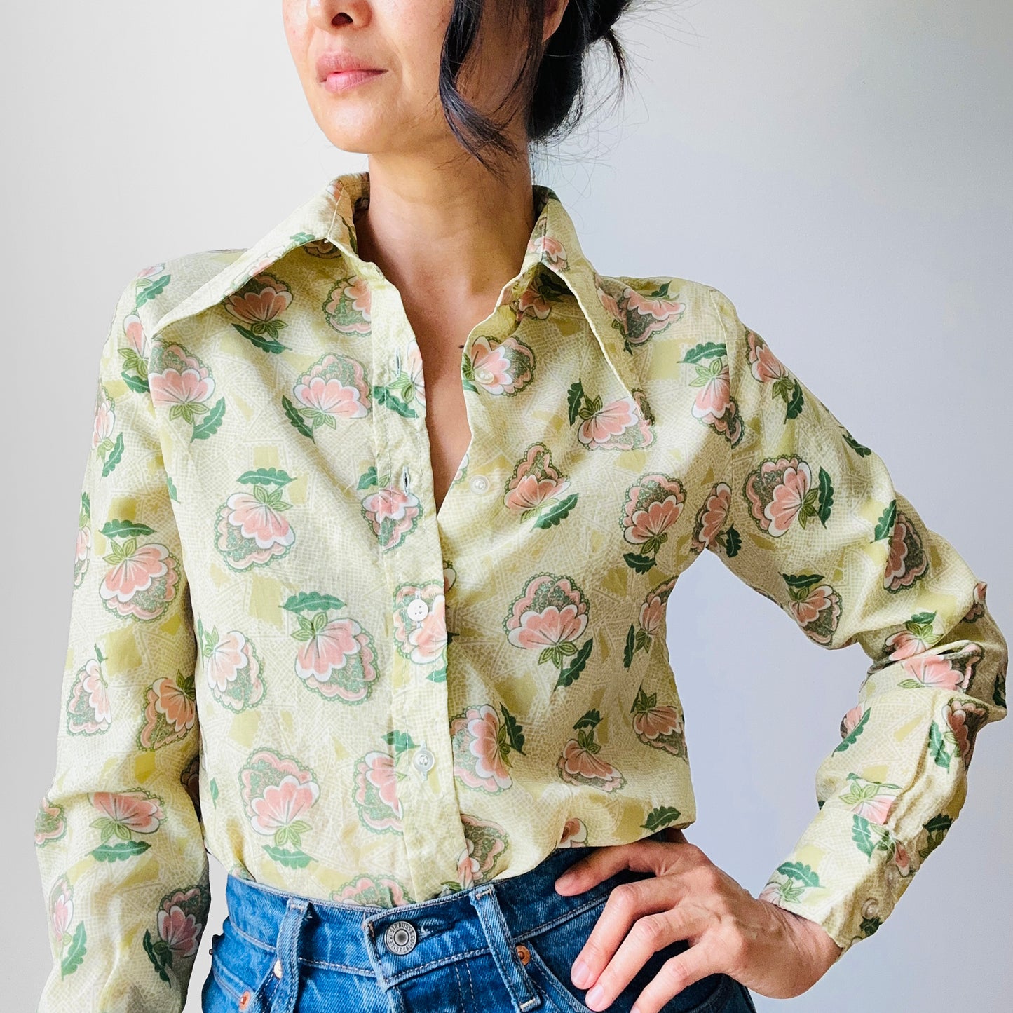 1970s Wide Lapel Floral Button Front Shirt  - Sz. XS/S