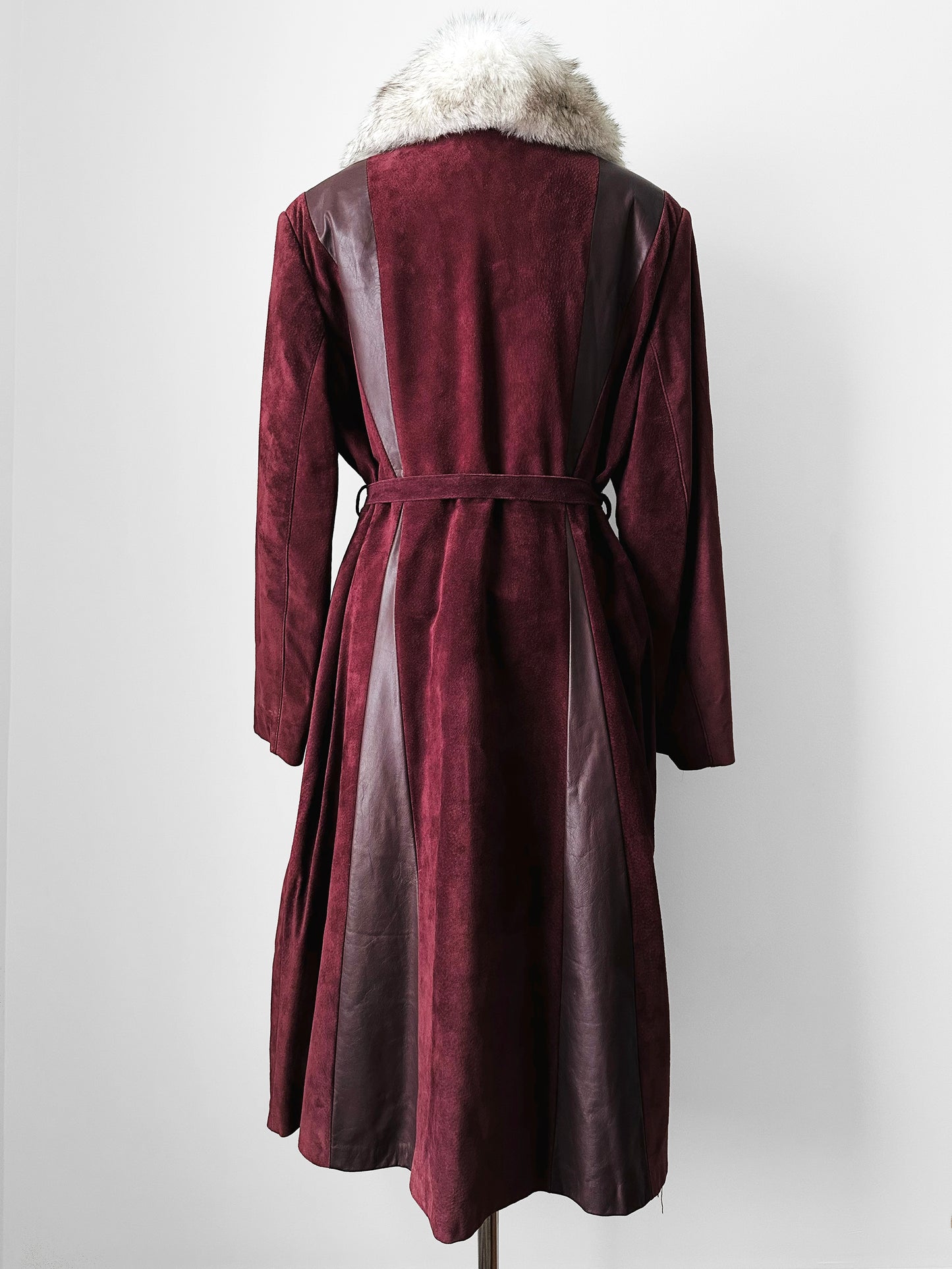 1970s Burgundy Suede Leather Fur Collared Belted Midi-Length Coat