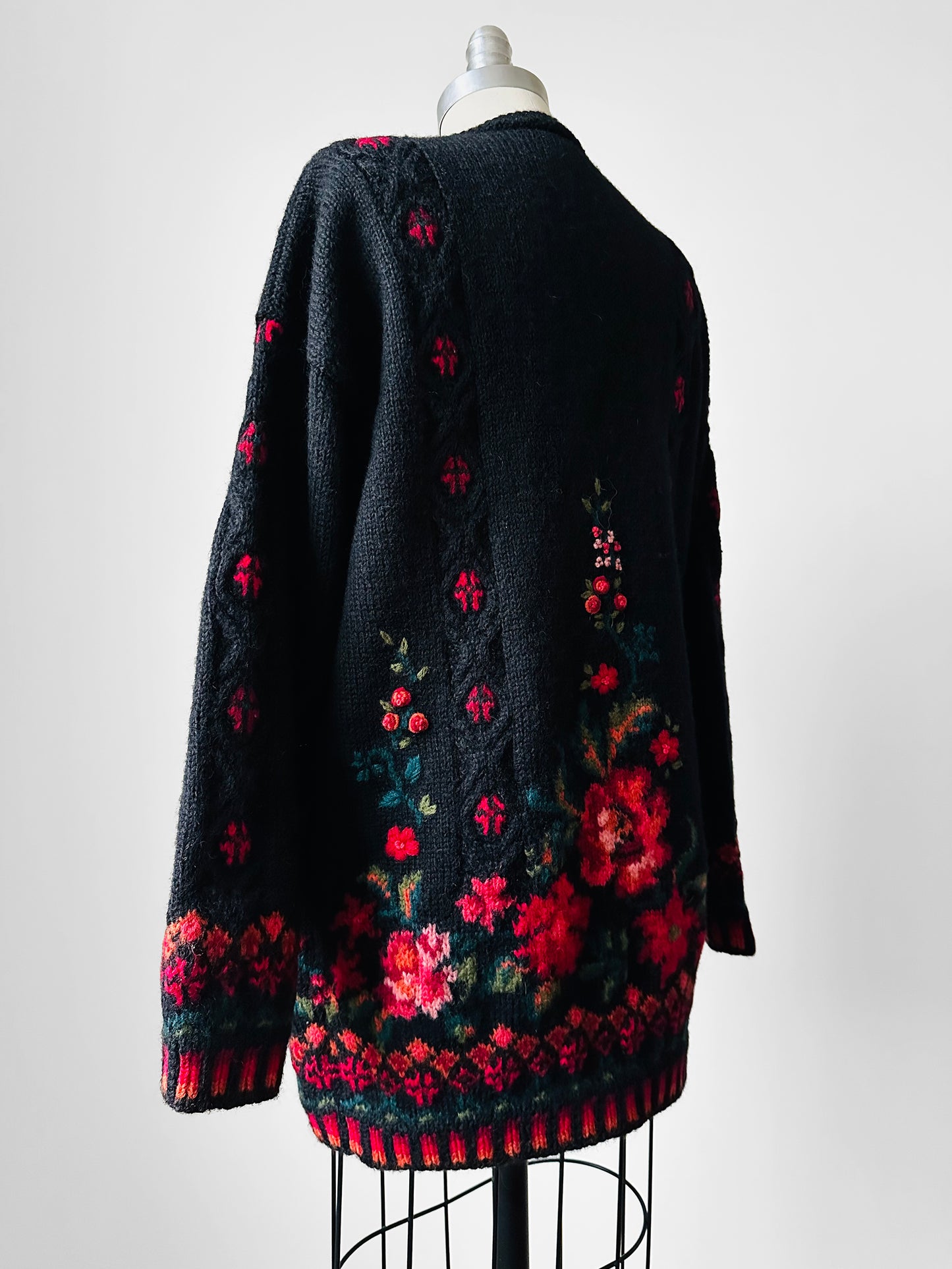 Black Wool Floral Embroidered Long Knit Cardigan Sweater - S/M