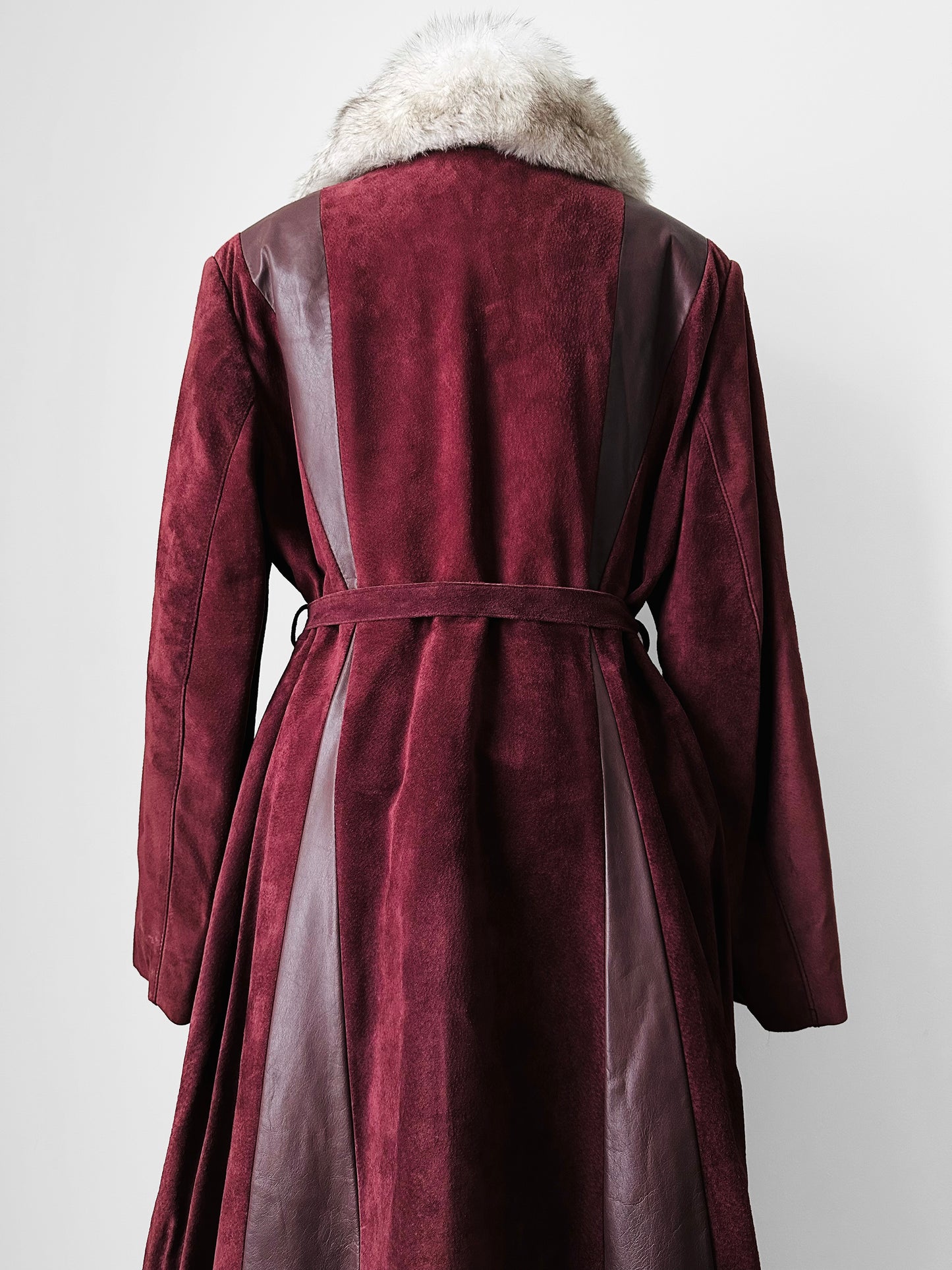 1970s Burgundy Suede Leather Fur Collared Belted Midi-Length Coat