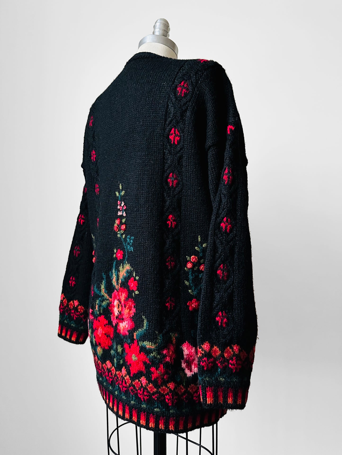 Black Wool Floral Embroidered Long Knit Cardigan Sweater - S/M