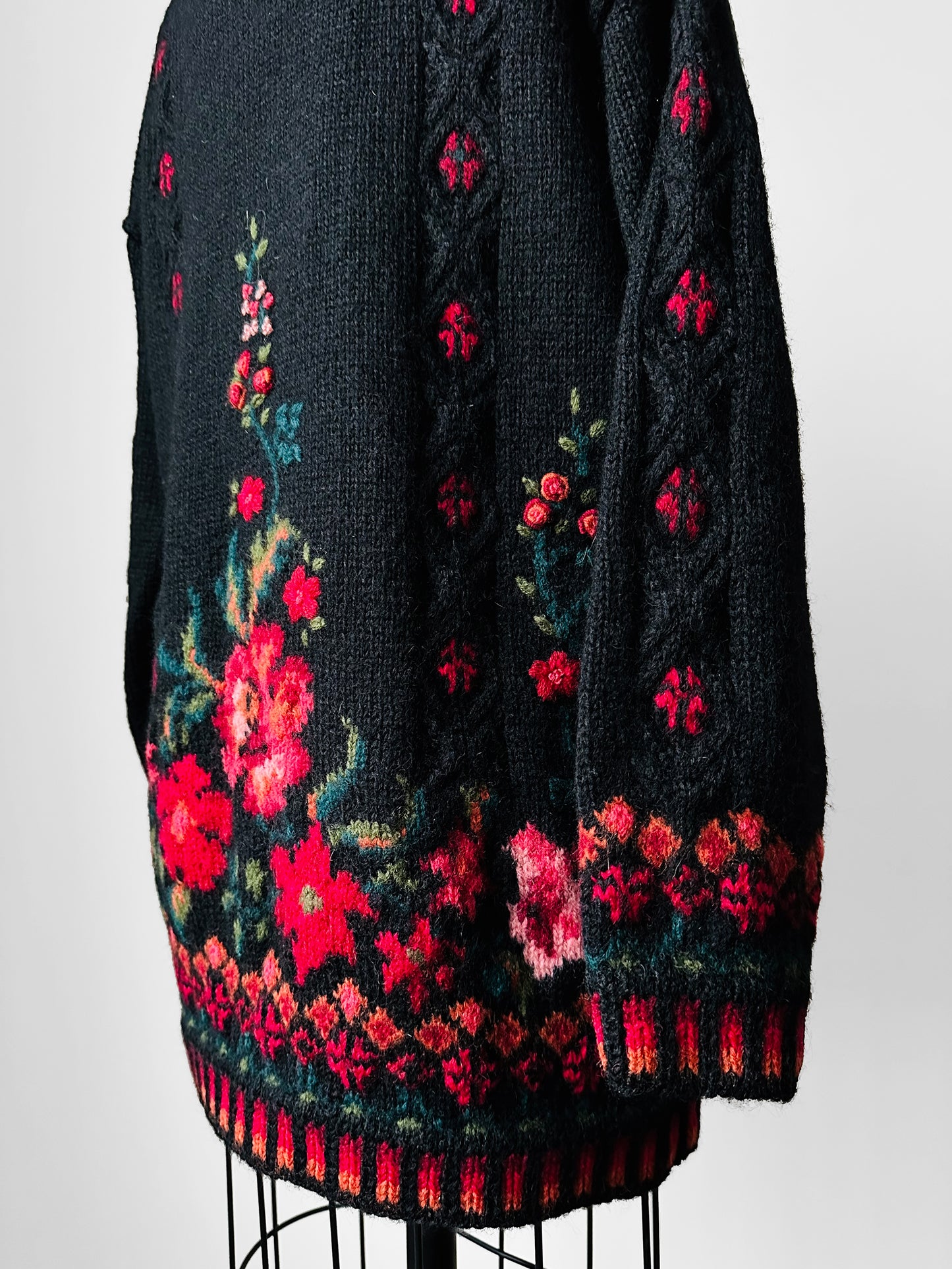 Black Wool Floral Embroidered Long Knit Cardigan Sweater - S/M