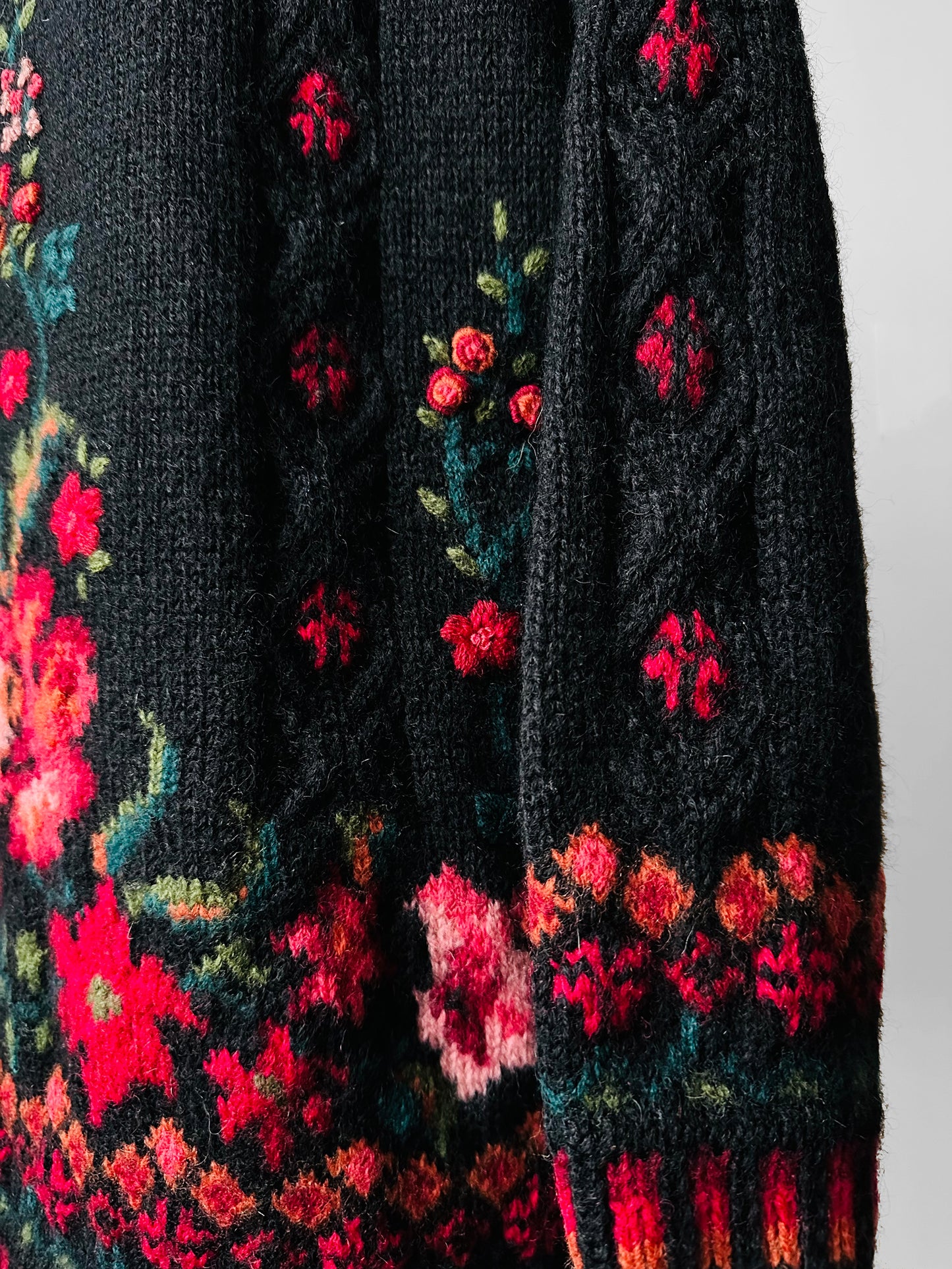 Black Wool Floral Embroidered Long Knit Cardigan Sweater - S/M