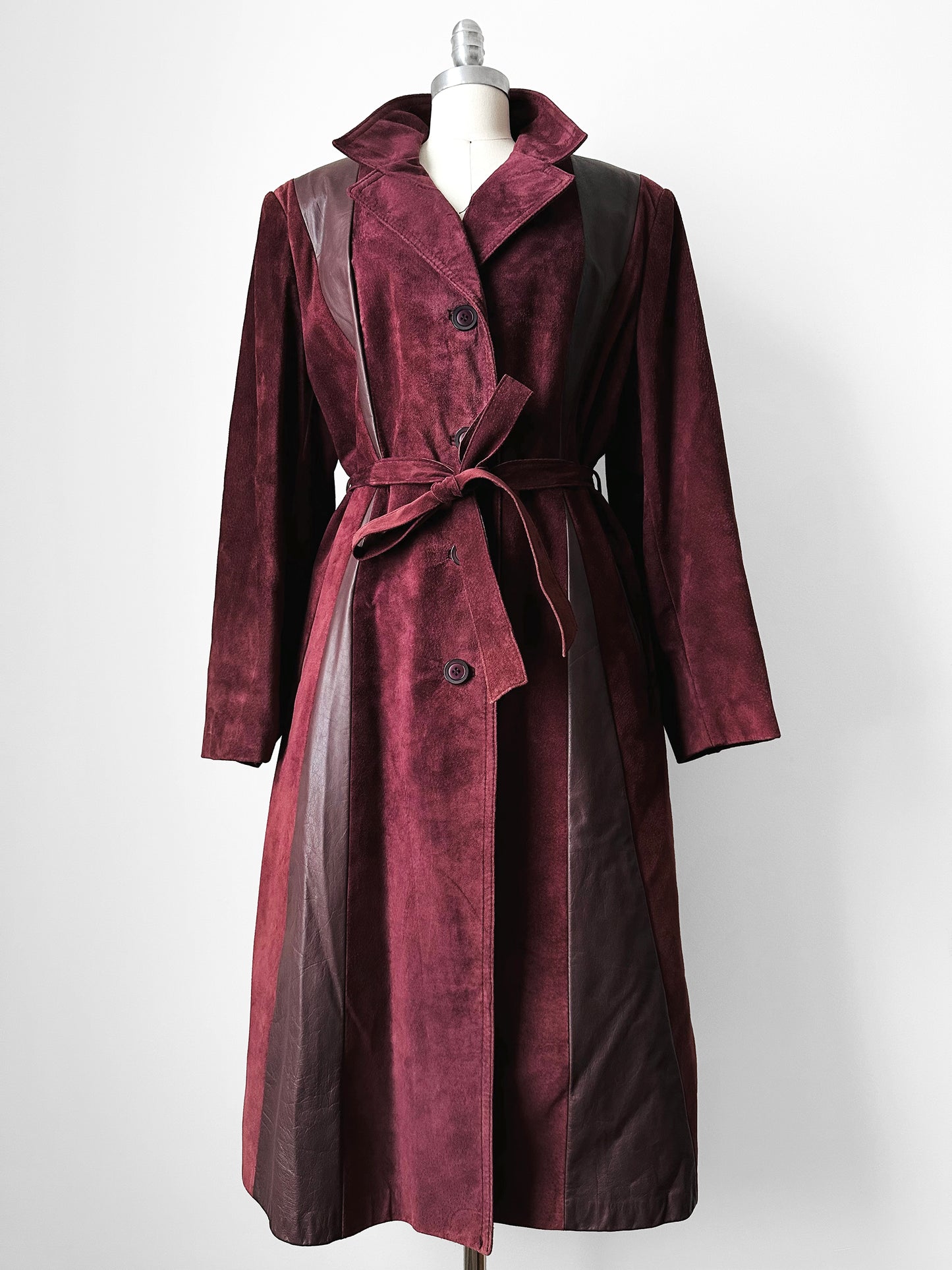 1970s Burgundy Suede Leather Fur Collared Belted Midi-Length Coat