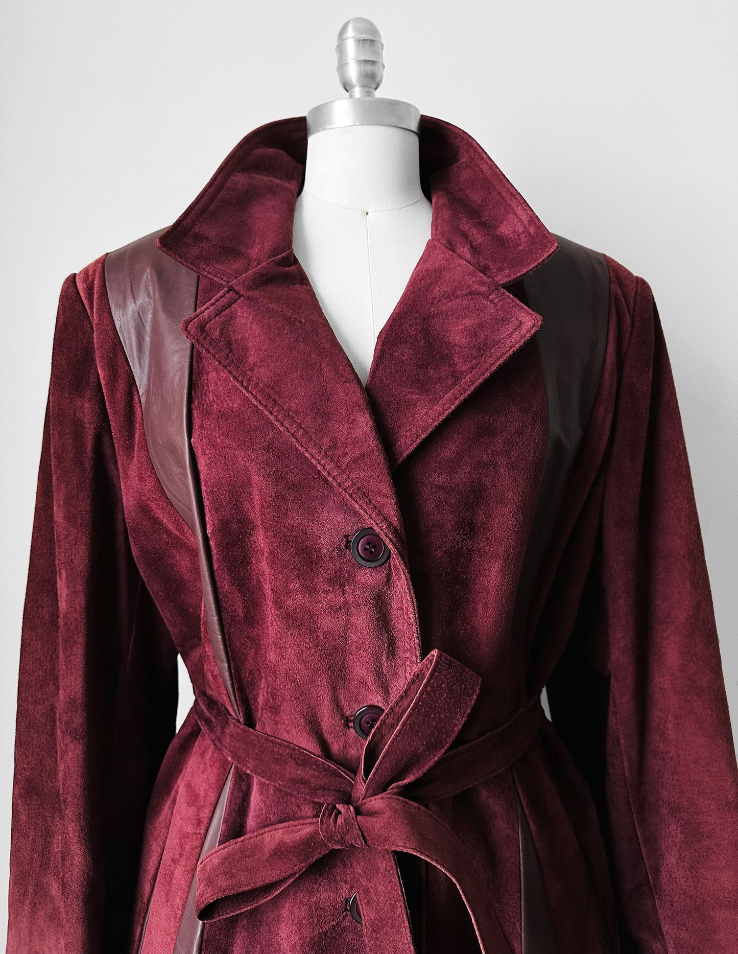 1970s Burgundy Suede Leather Fur Collared Belted Midi-Length Coat