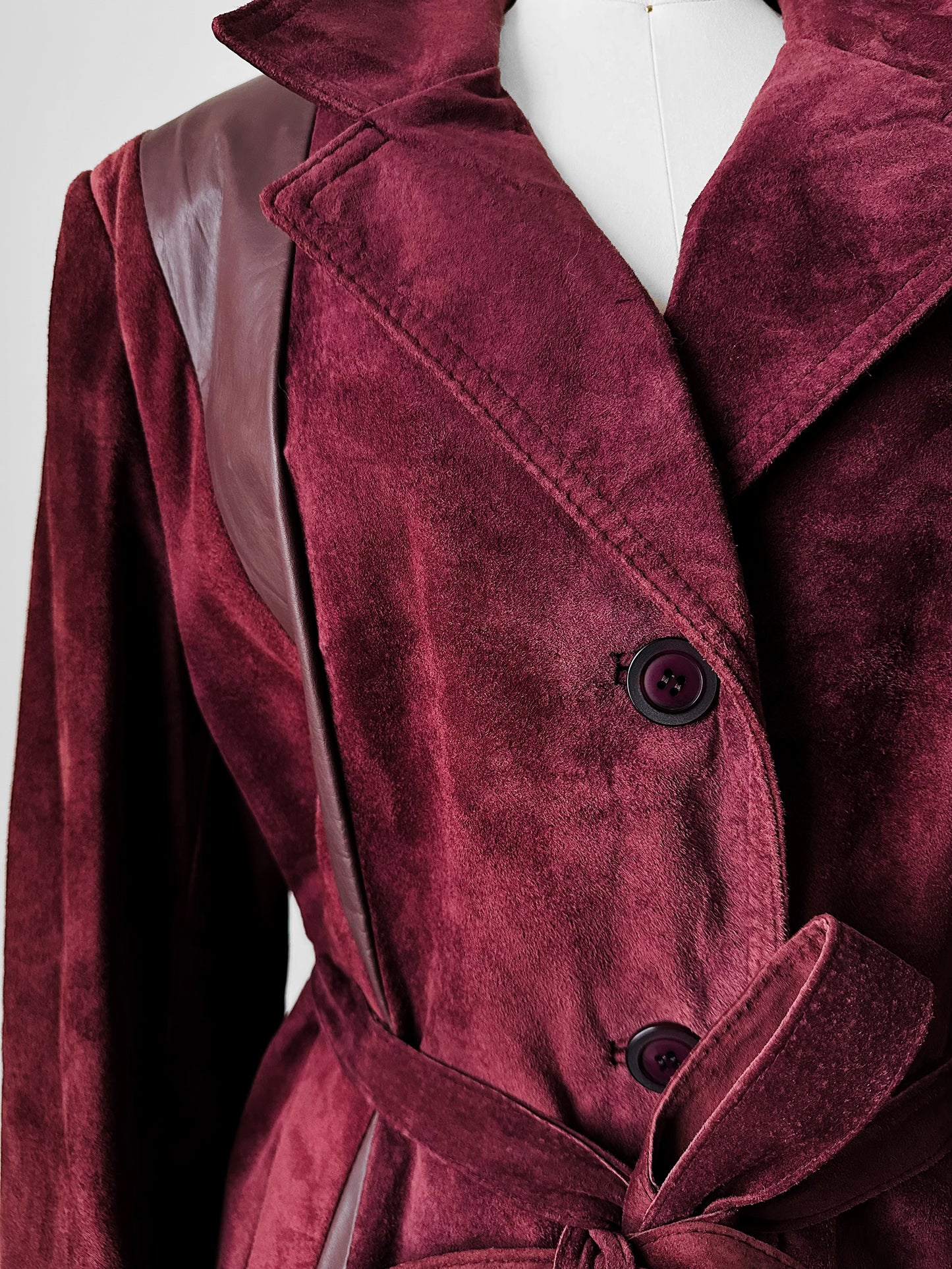 1970s Burgundy Suede Leather Fur Collared Belted Midi-Length Coat