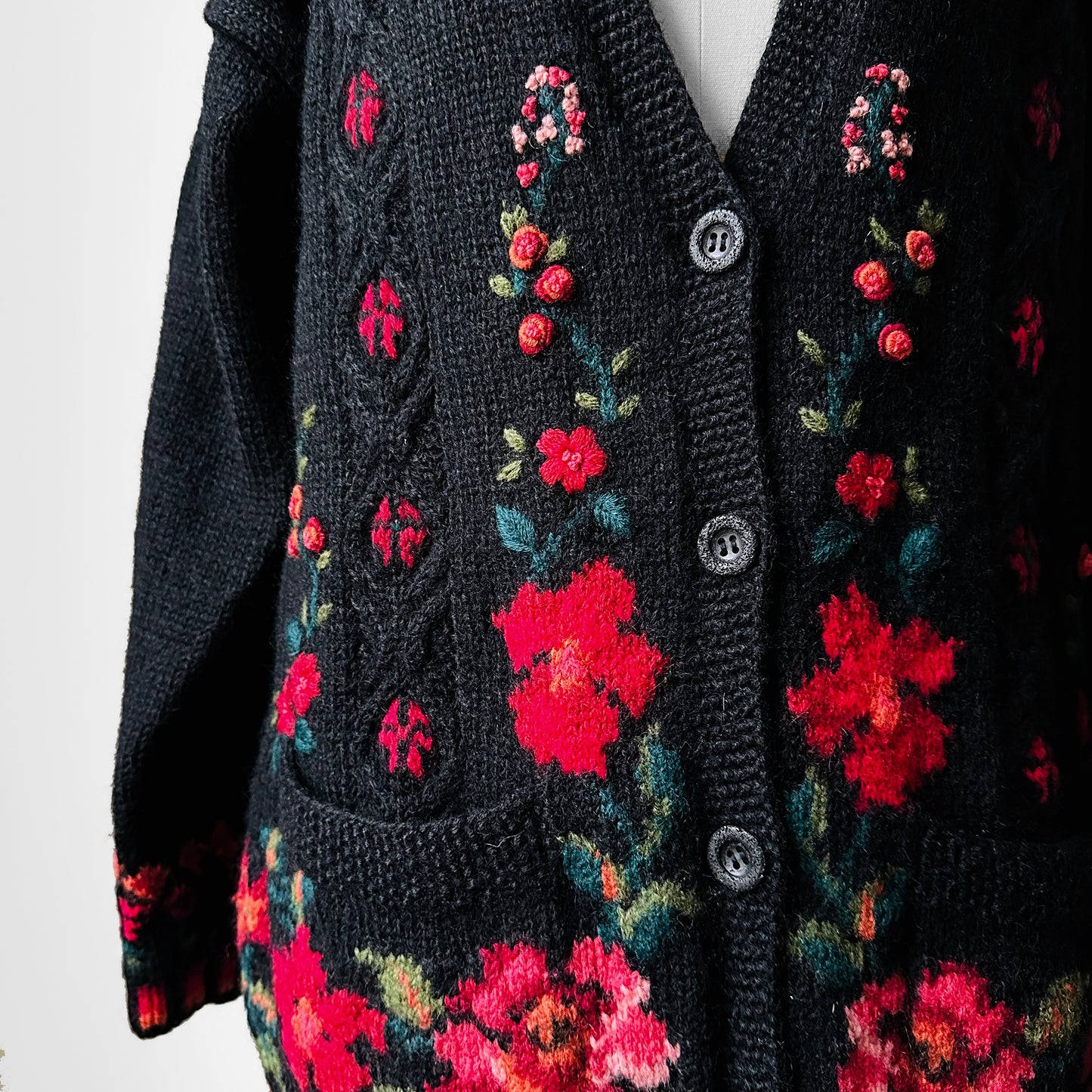 Black Wool Floral Embroidered Long Knit Cardigan Sweater - S/M