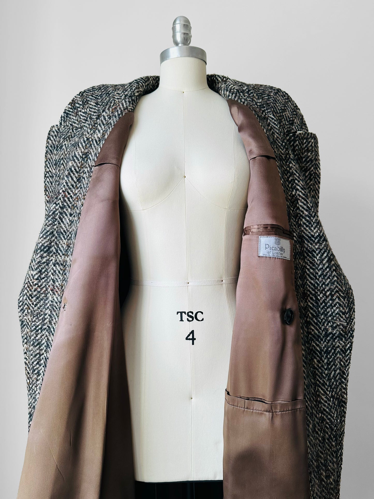 1960s Grey Brown Wool Tweed Picadilly Canada Belted Overcoat - Sz. L/XL