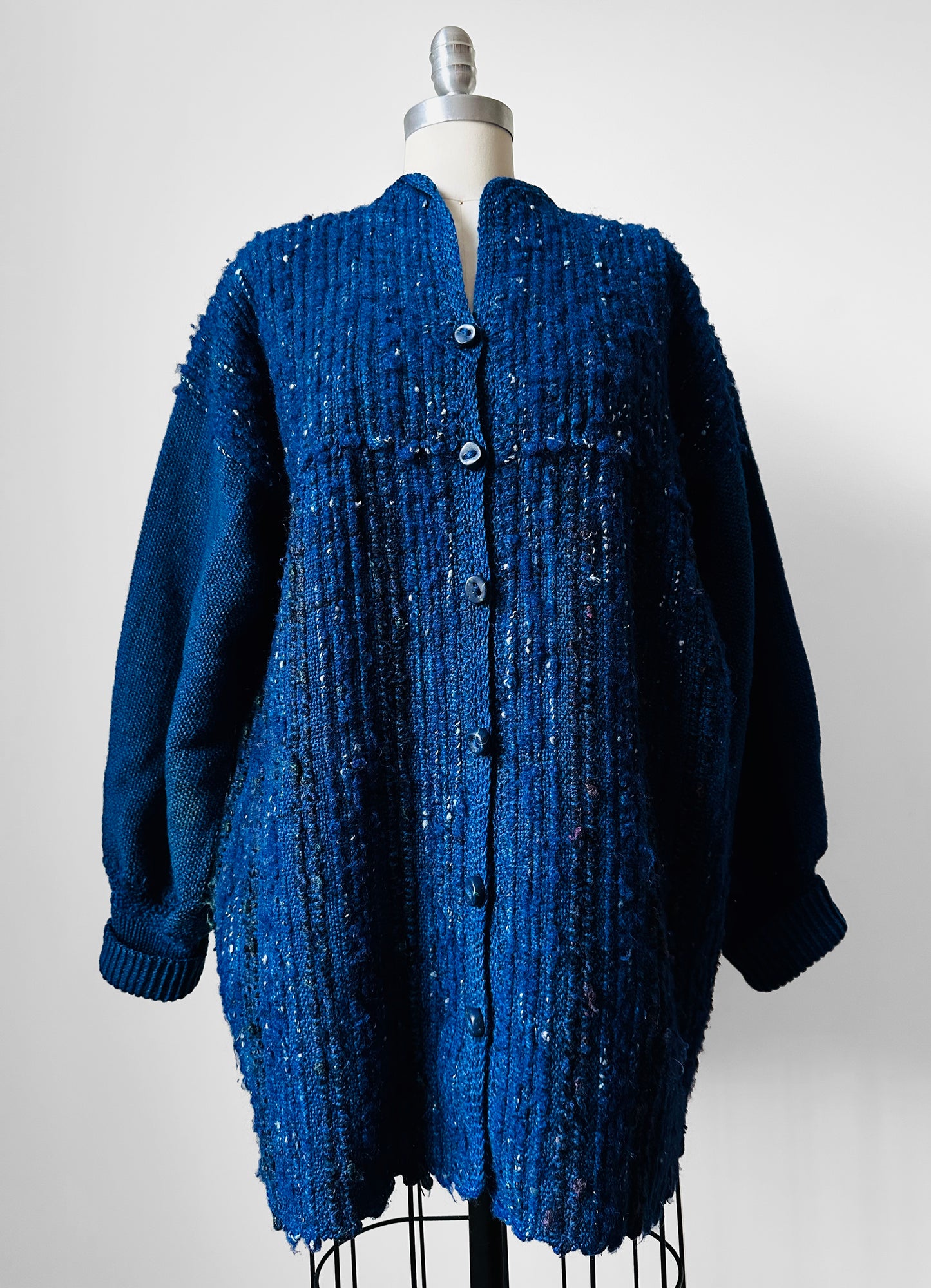 Deep Indigo Blue Heavy Loomed Wool Button Front Knit Sweater Cardigan - O/S