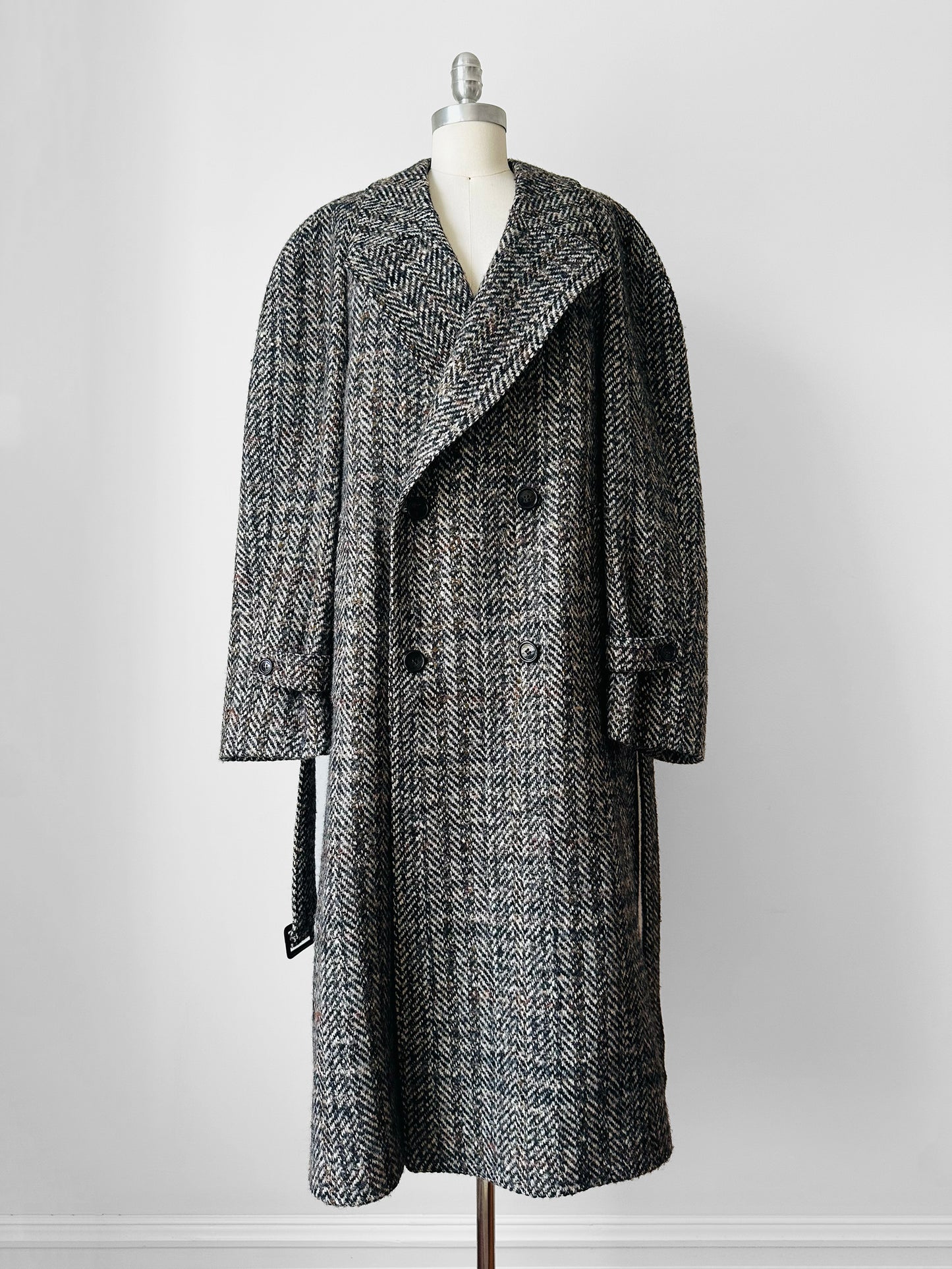 1960s Grey Brown Wool Tweed Picadilly Canada Belted Overcoat - Sz. L/XL