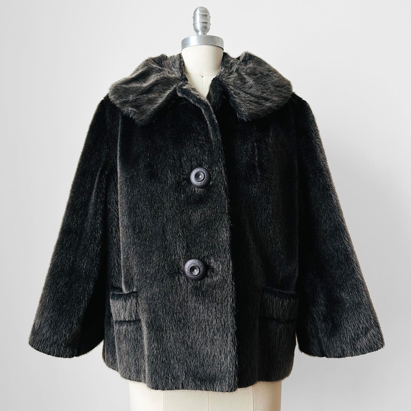 1960s Charcoal Grey Lined Fur Crop Jacket - Sz. Small