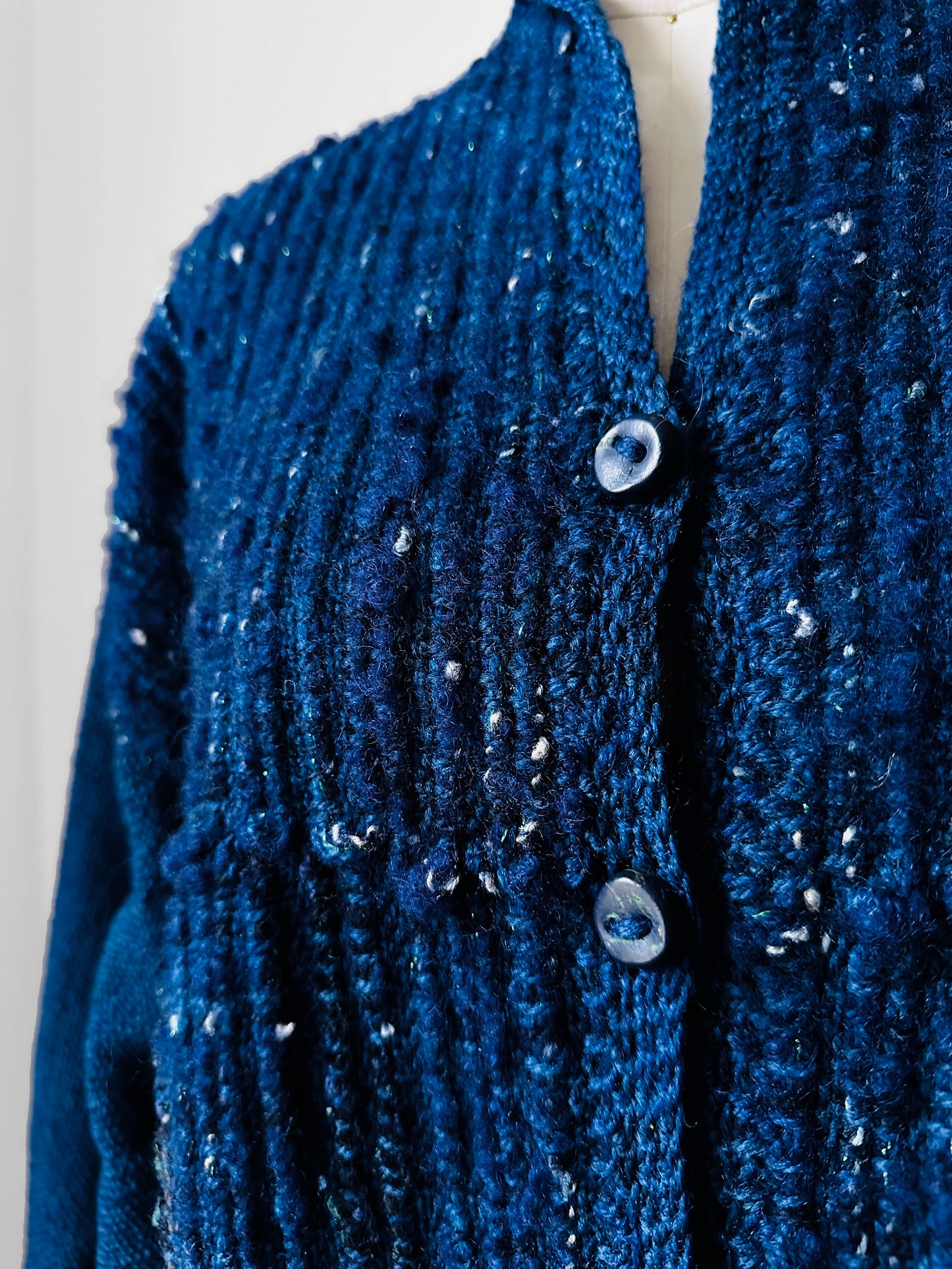 Deep Indigo Blue Heavy Loomed Wool Button Front Knit Sweater Cardigan - O/S