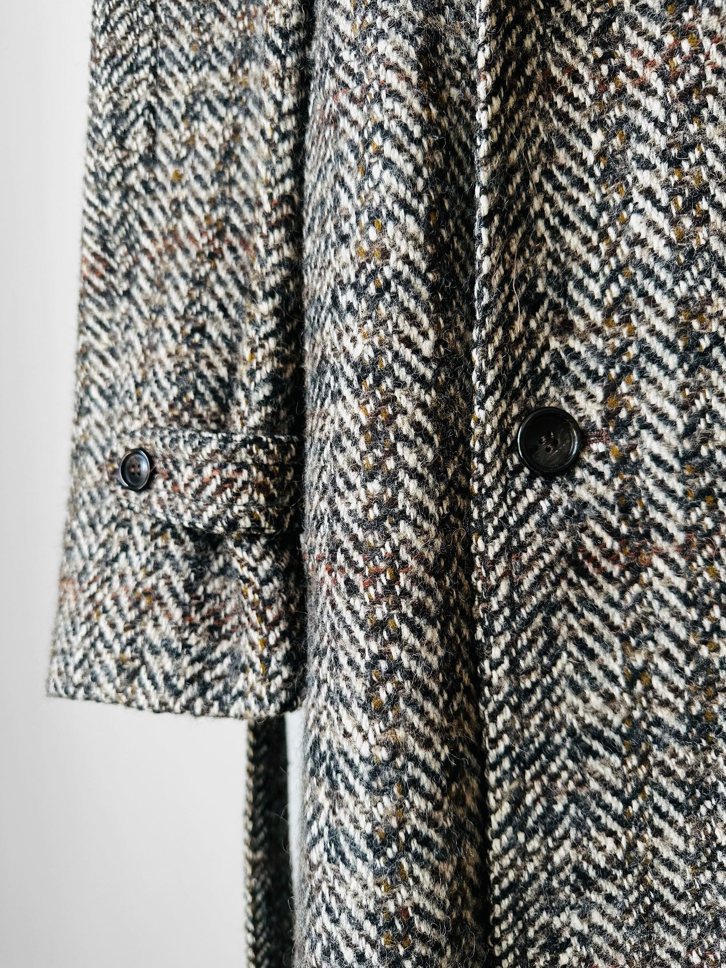 1960s Grey Brown Wool Tweed Picadilly Canada Belted Overcoat - Sz. L/XL