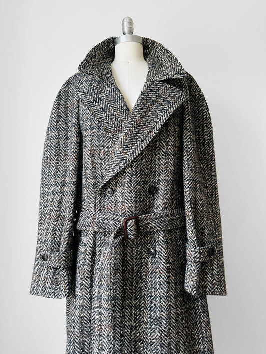 1960s Grey Brown Wool Tweed Picadilly Canada Belted Overcoat - Sz. L/XL