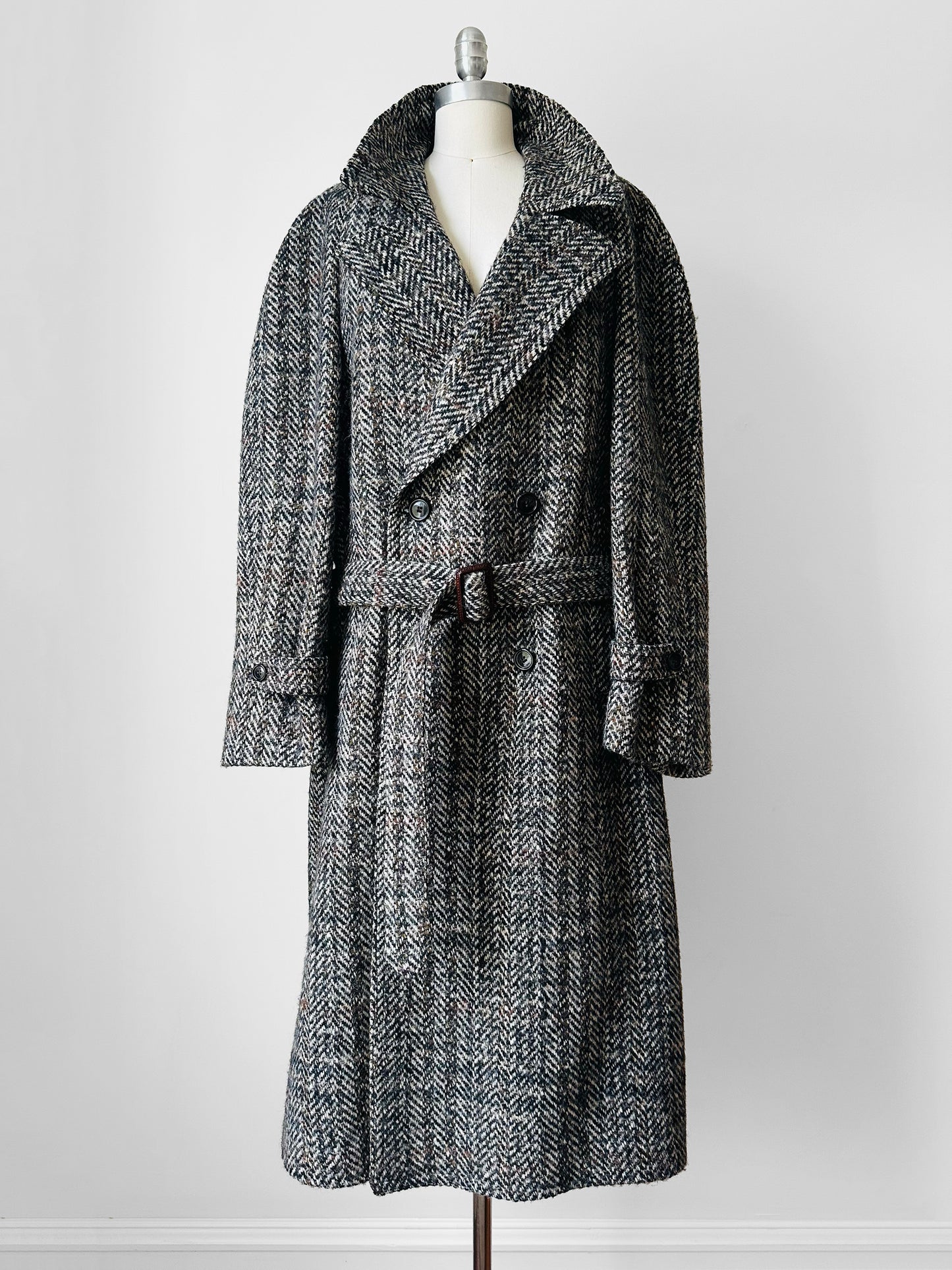 1960s Grey Brown Wool Tweed Picadilly Canada Belted Overcoat - Sz. L/XL