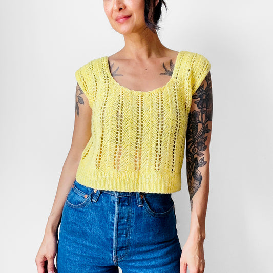 1970s Yellow Lightweight Crop Knit Pullover Vest - Sz. S