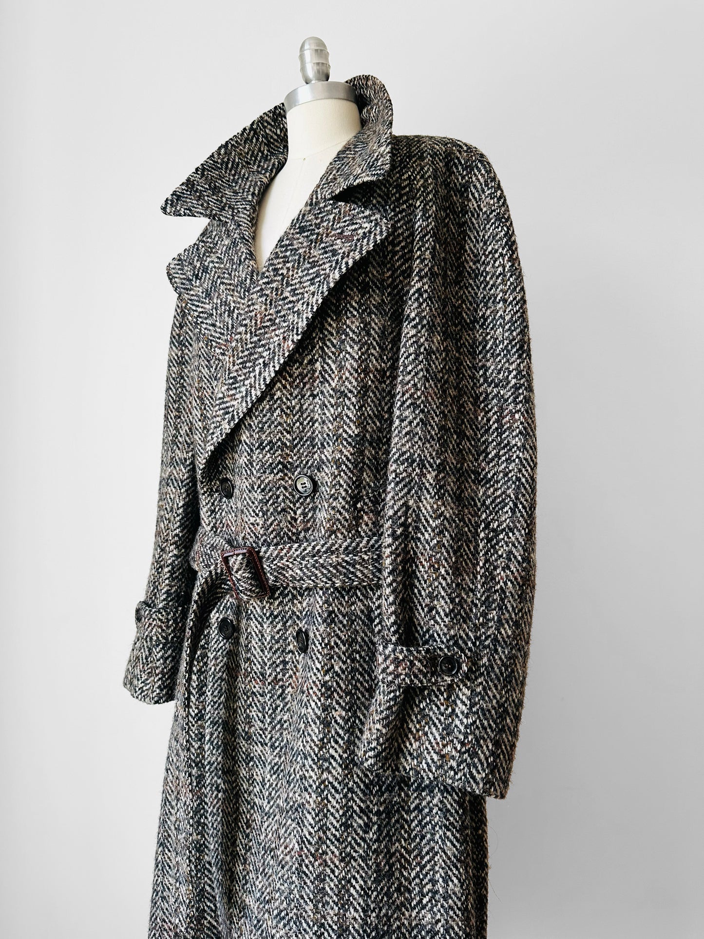 1960s Grey Brown Wool Tweed Picadilly Canada Belted Overcoat - Sz. L/XL