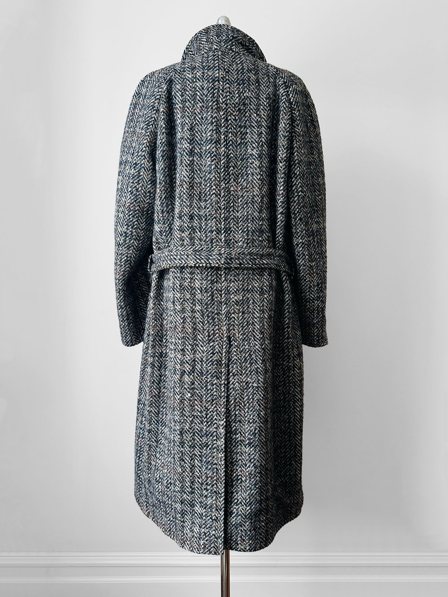 1960s Grey Brown Wool Tweed Picadilly Canada Belted Overcoat - Sz. L/XL